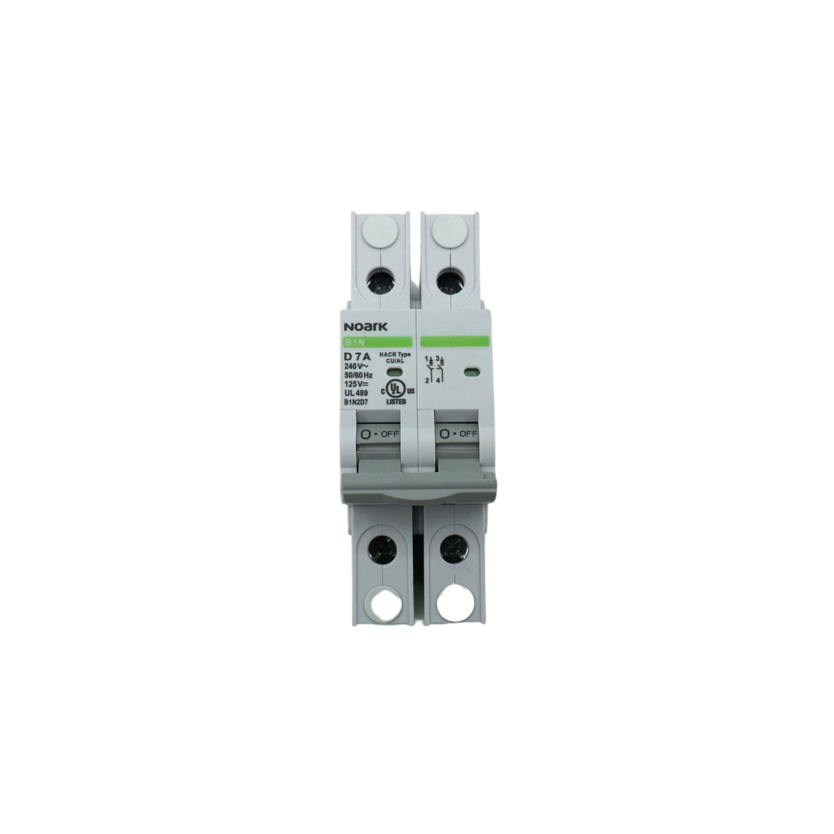 Noark | Mini Circuit Breaker, 2P, D-Curve, 7A, UL489, 240VAC/125VDC, 10 kA, Box Lug | B1N2D7