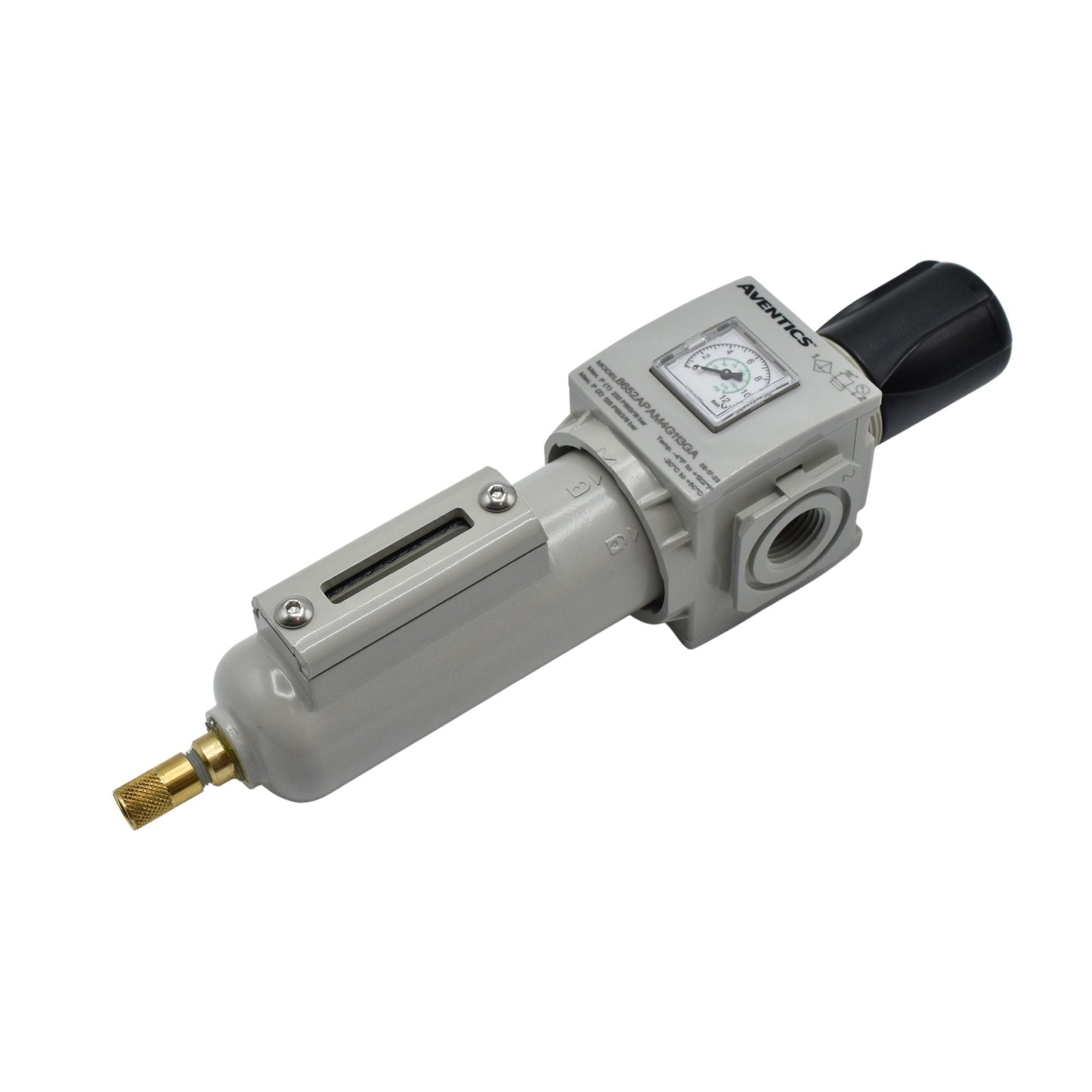 FRL with meter on diverter block and clear window on front tube, laying on side