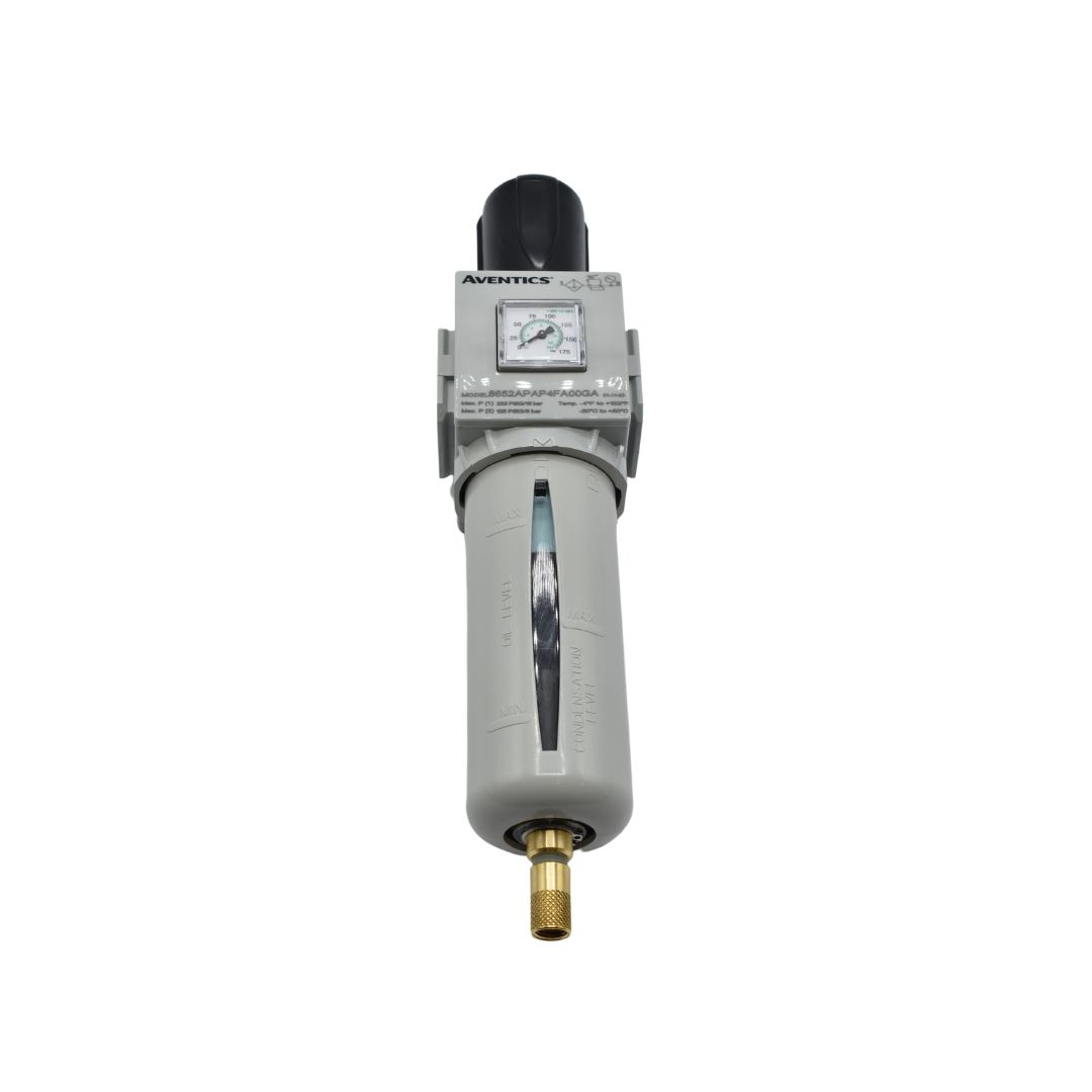 Filter Regulator with control on top, meter with diverter box in middle and tube 