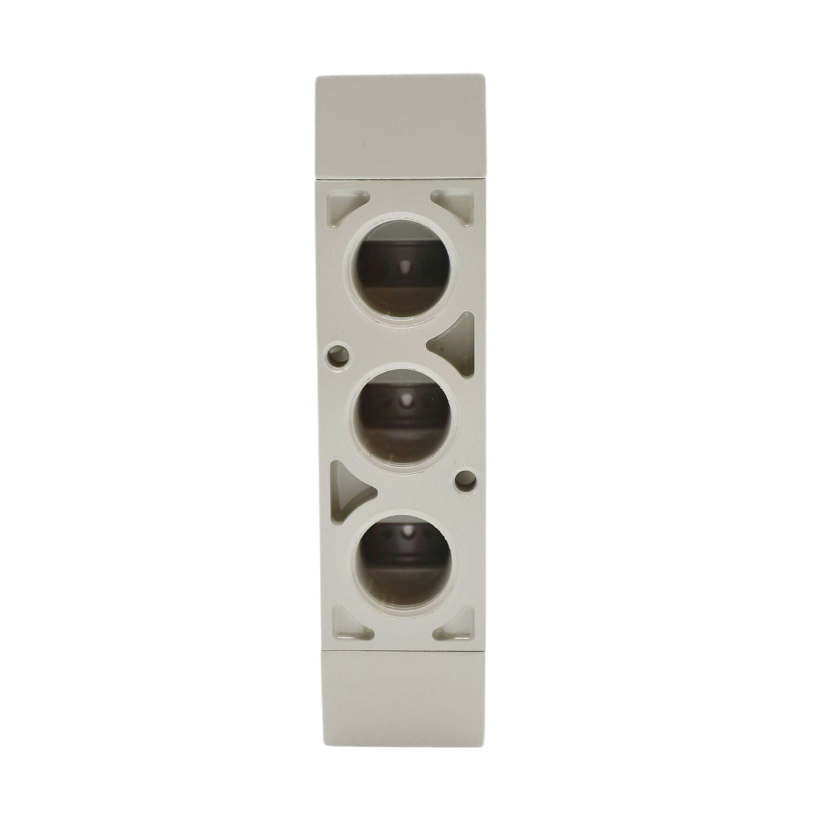 white rectangle with three threaded holes