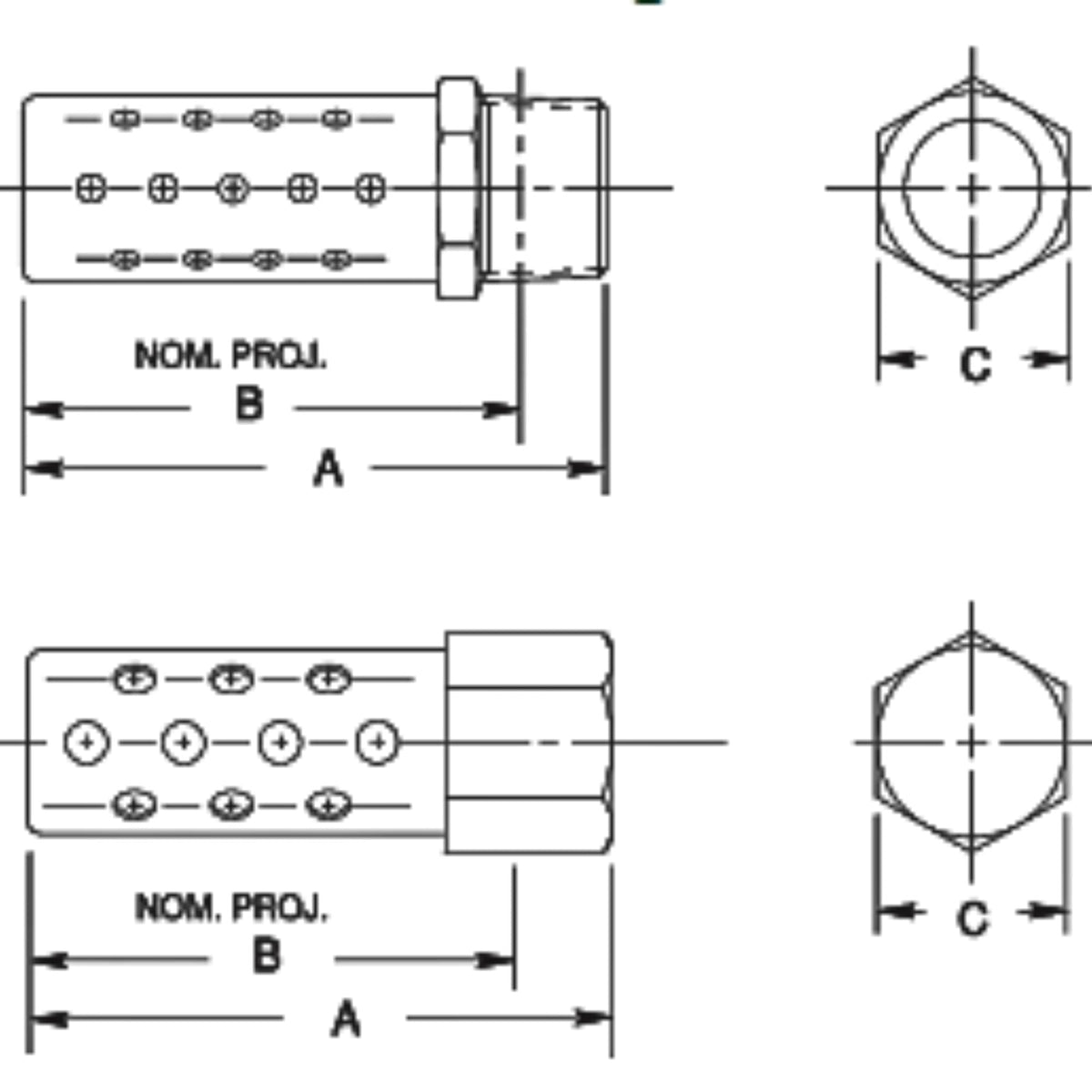 chart showing (A+B+C Dimensions) of Aventics-Muffler 1/4&quot; NPT male metal used on Numatics-Aventics product line