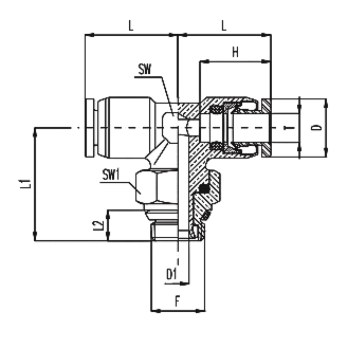chart showing (A+B+C Dimensions) of Aventics-NP Brass Push-in fitting 1/2" Tube X 3/8"NPT Universal male swivel branch tee used on Numatics-Aventics product line