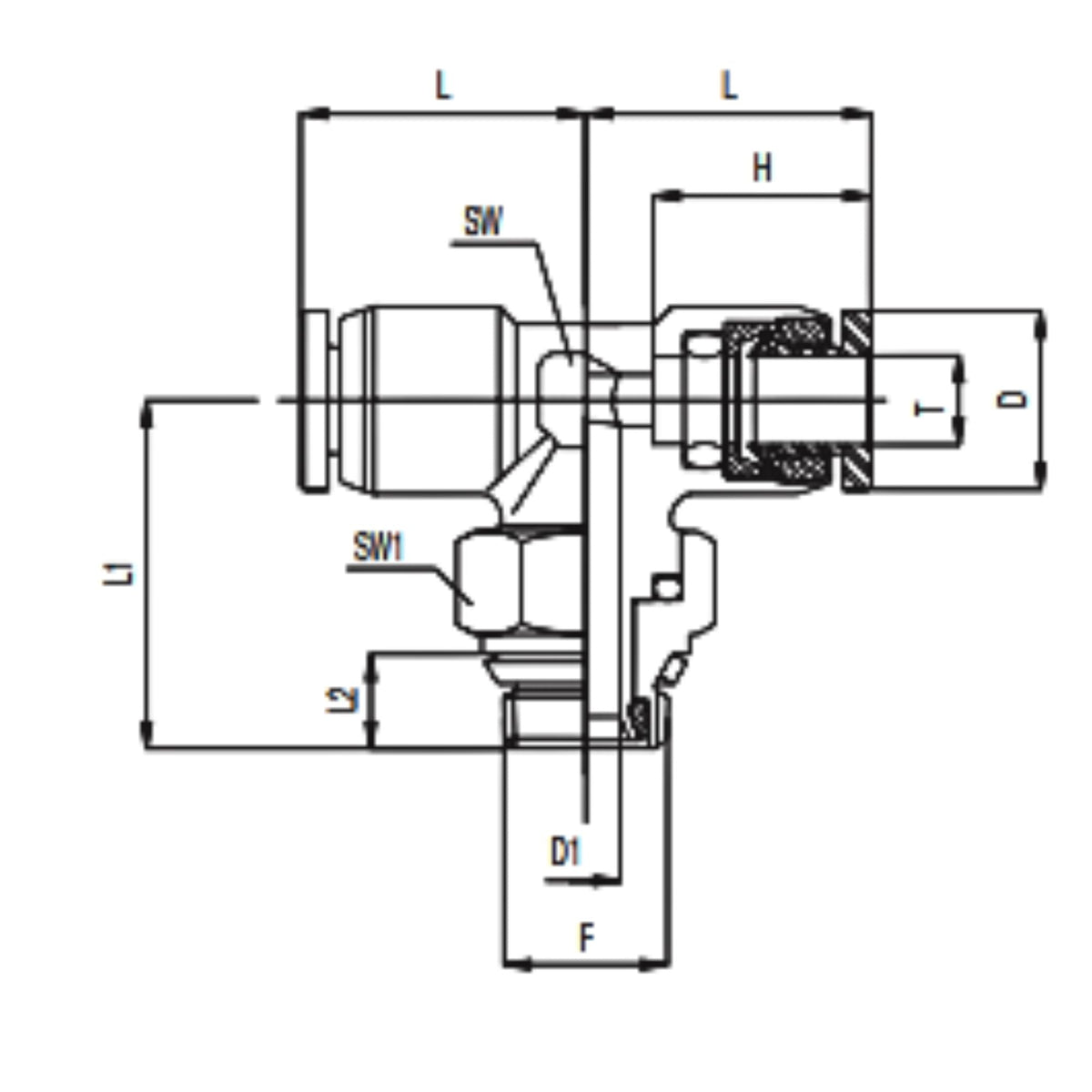 chart showing (A+B+C Dimensions) of Aventics-NP Brass Push-in fitting 12mm Tube X 1/2&quot;NPT Universal male swivel branch tee used on Numatics-Aventics product line