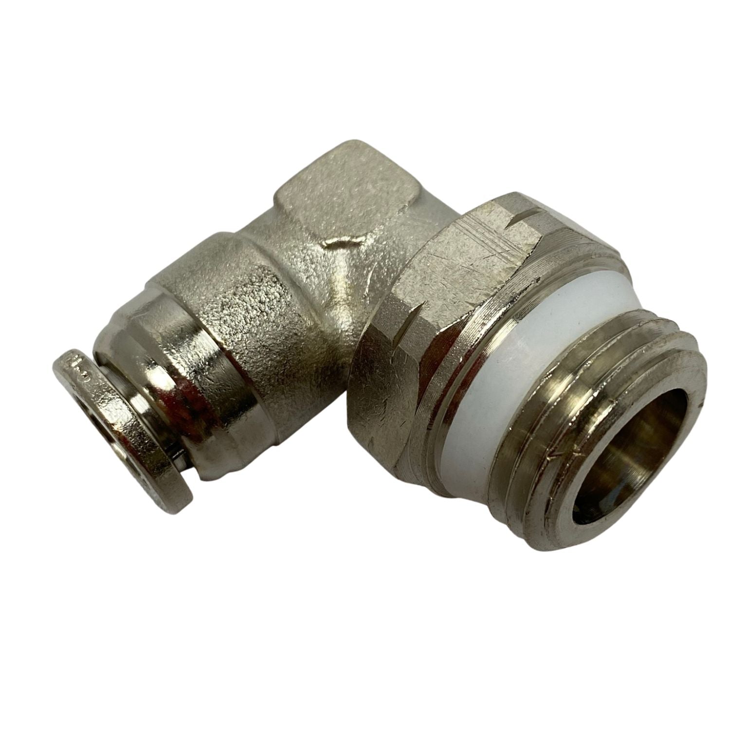top view of a female swivel elbow fitting with threading on the right