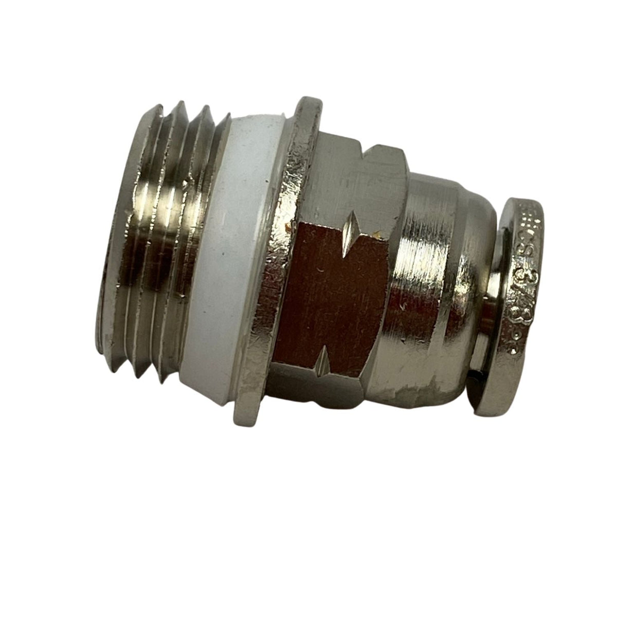 side view of a metal male connector with threading on the left