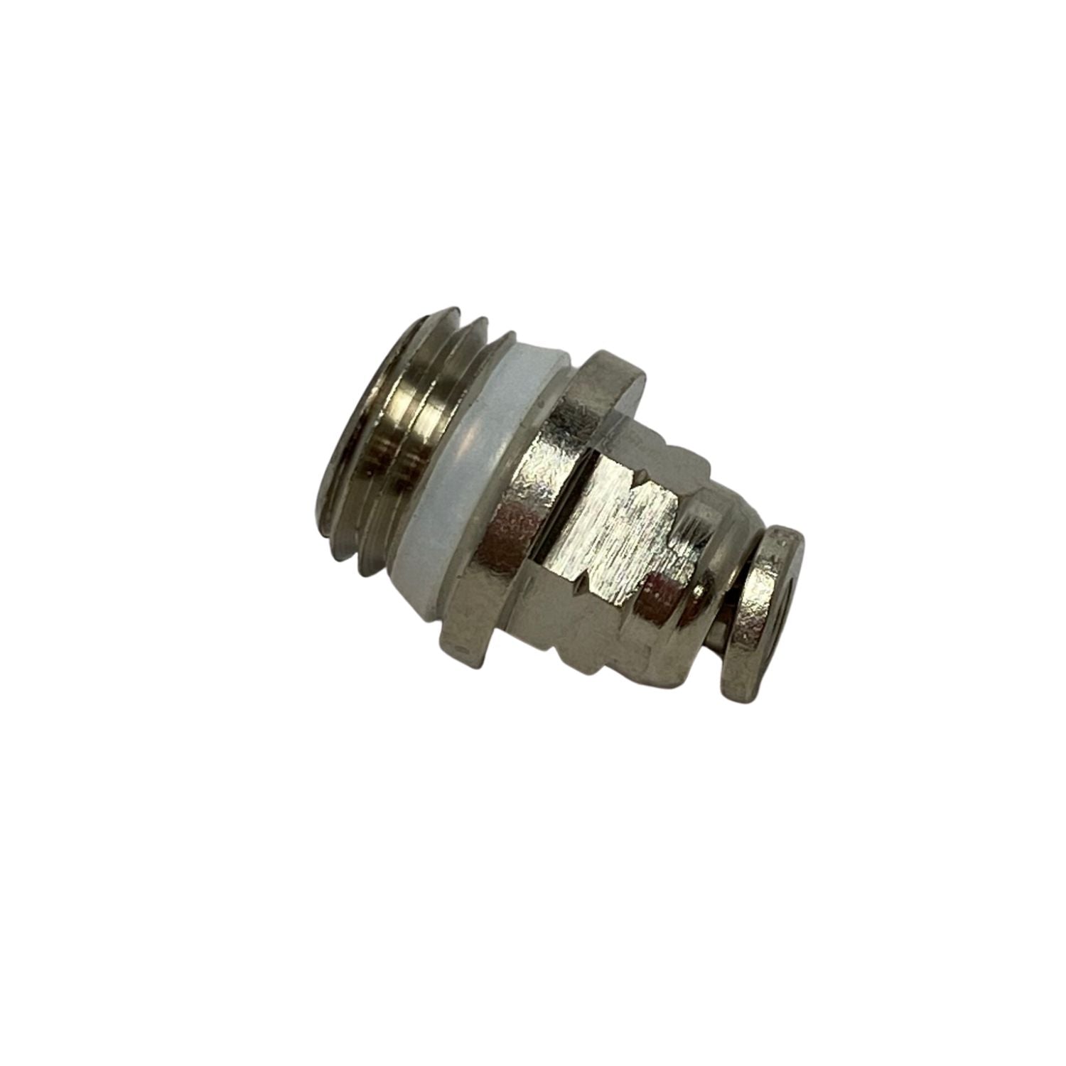 side view of a metal male connector with threading on the left