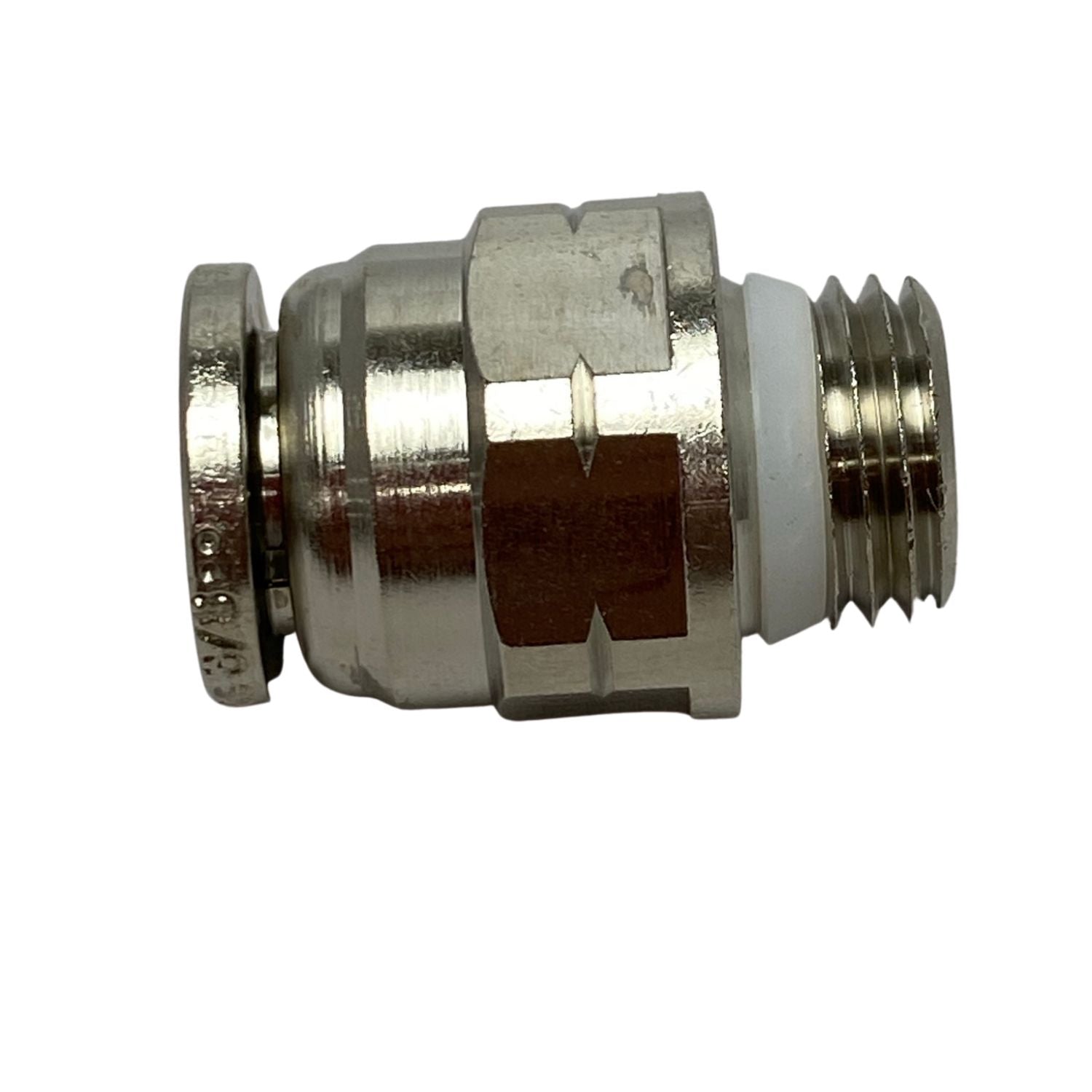 side view of a metal male connector with threading on the right