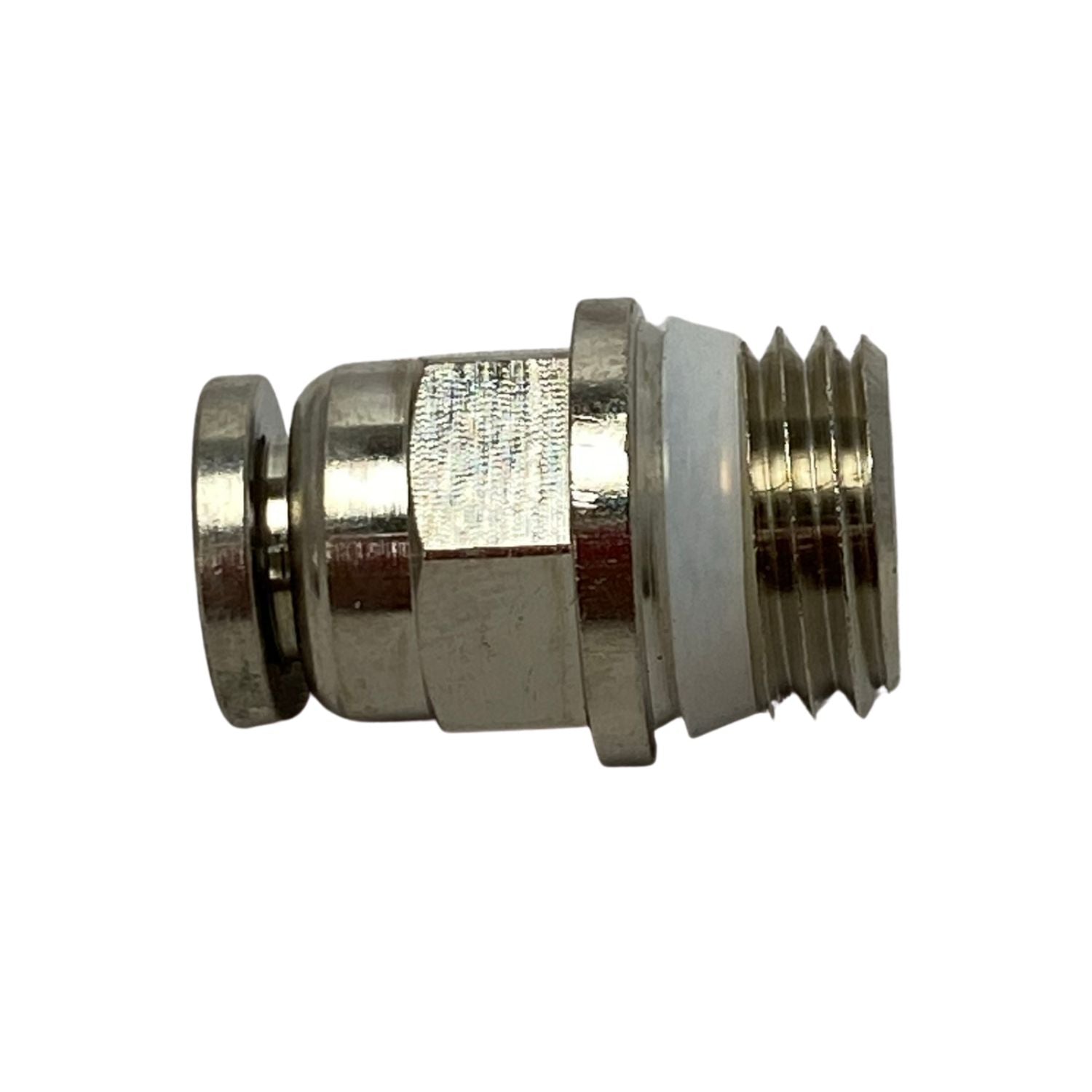 side view of a male connector with threading on the right