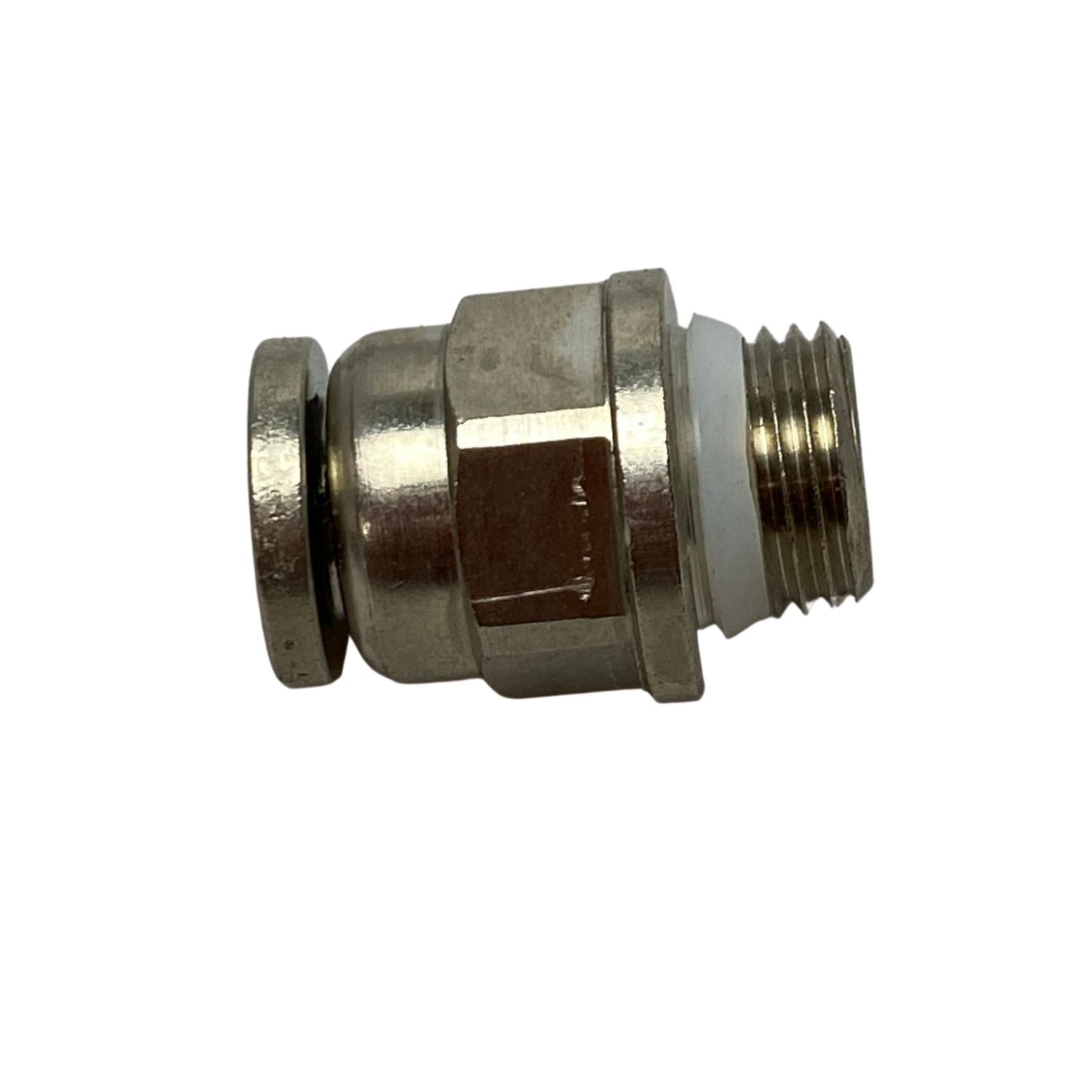 side view of a metal connector with threading on the right
