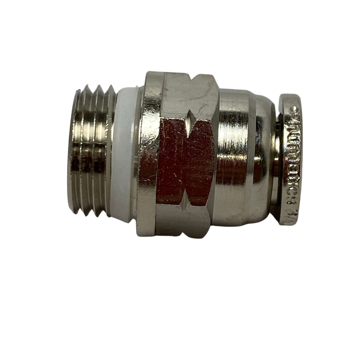 side view of a metal male connector with threading on the left