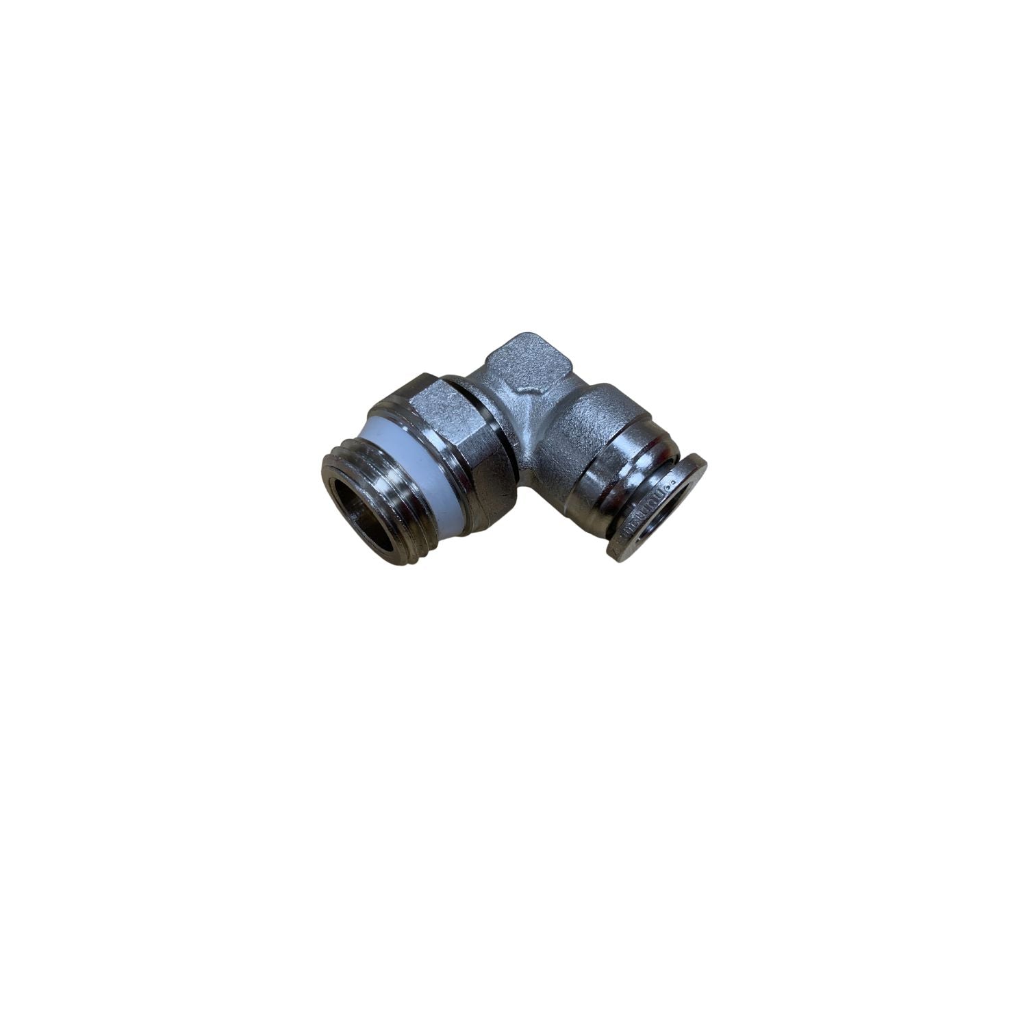 Male elbow fitting with threads on left and push to connect on the right