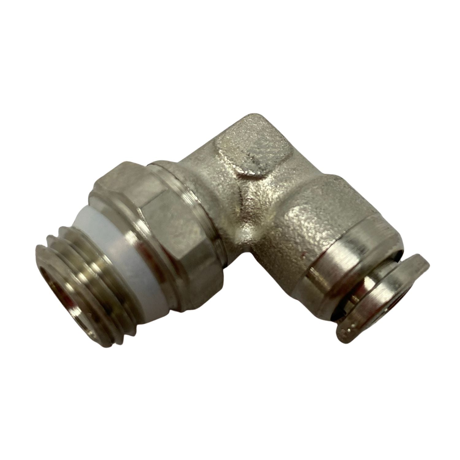 top view of a male swivel elbow fitting with threading on the left