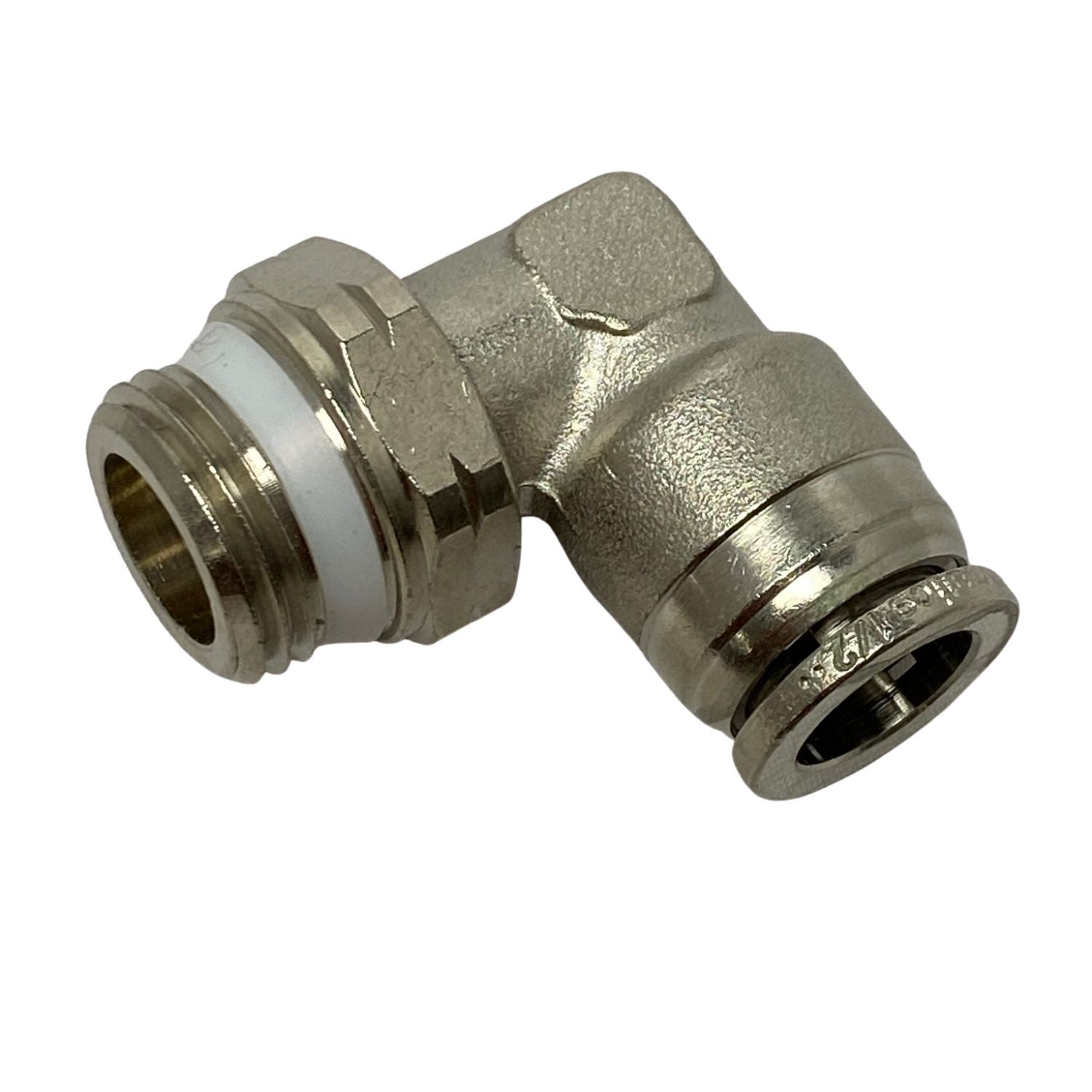 top view of a male swivel elbow fitting with threading on the left