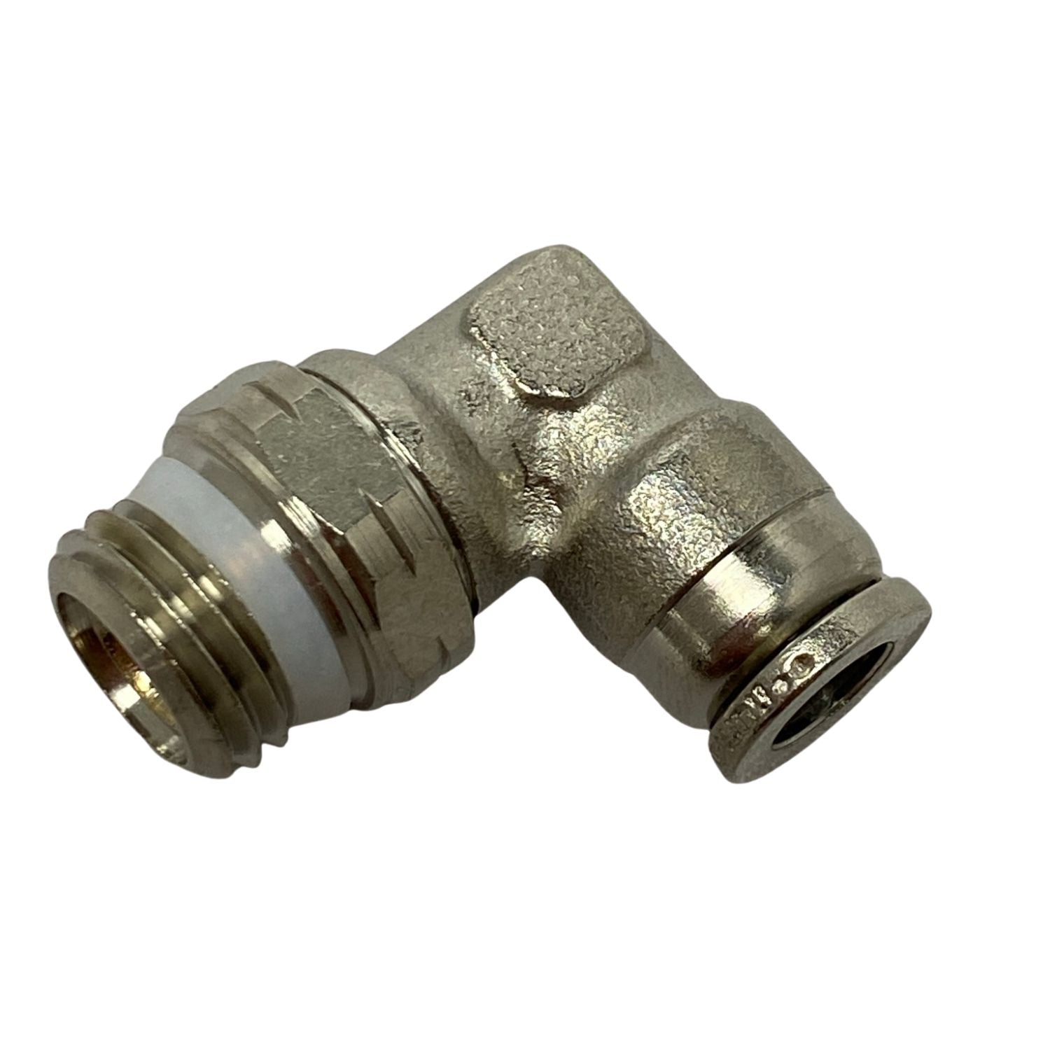 top view of a male swivel elbow fitting with threading on the left