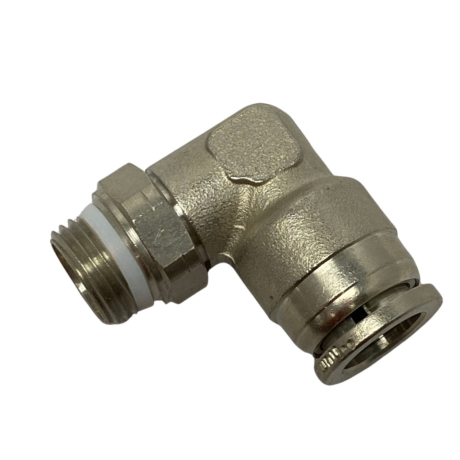 top view of a male swivel elbow fitting with threading on the left