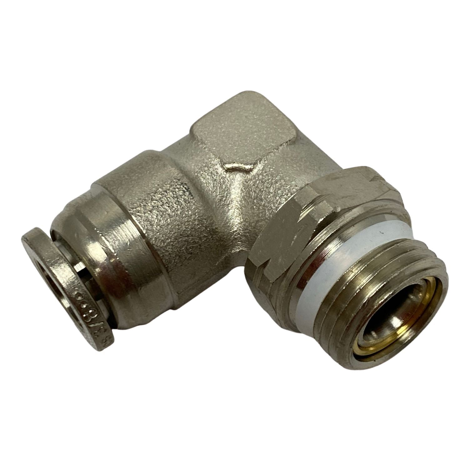 top view of a male swivel elbow fitting with threading on the right