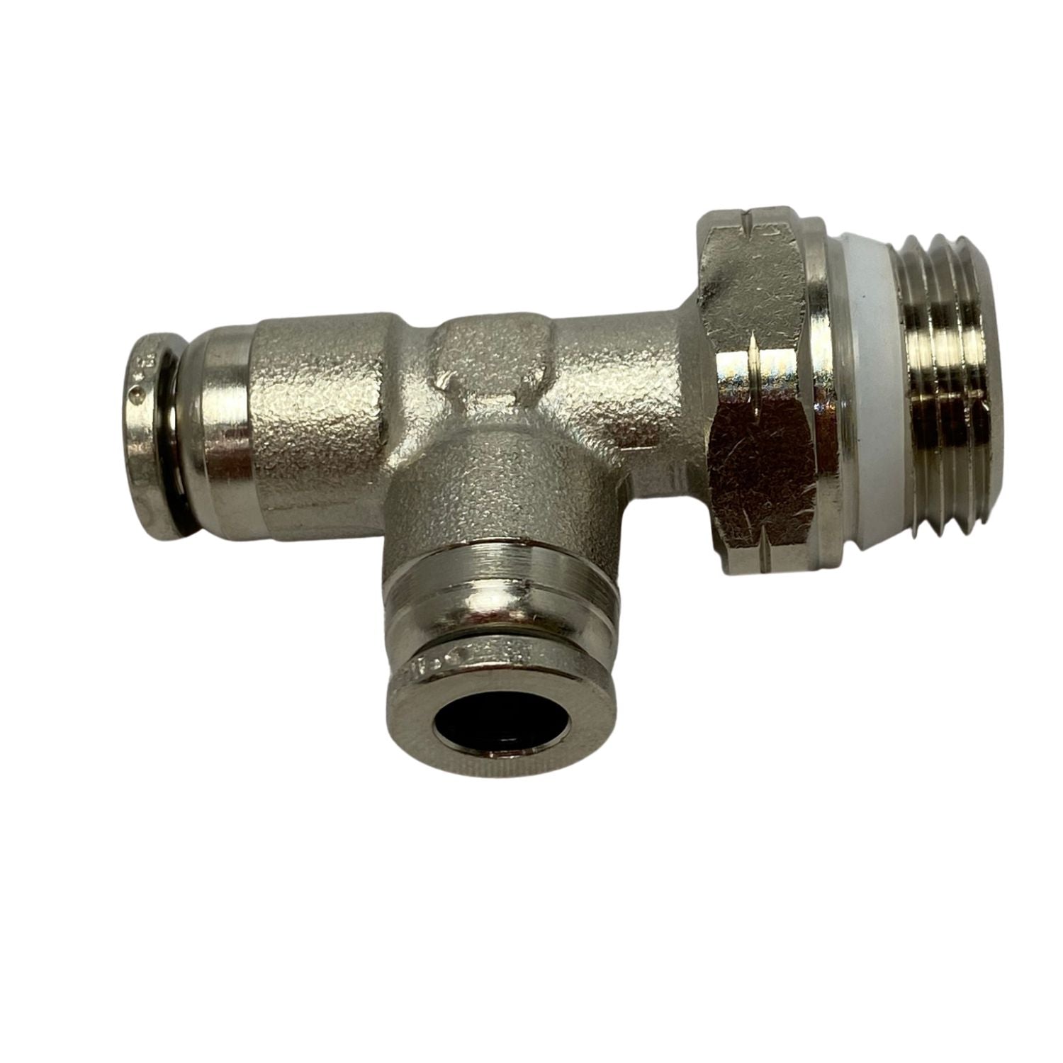 top view of a tee shaped swivel fitting with threading on the right