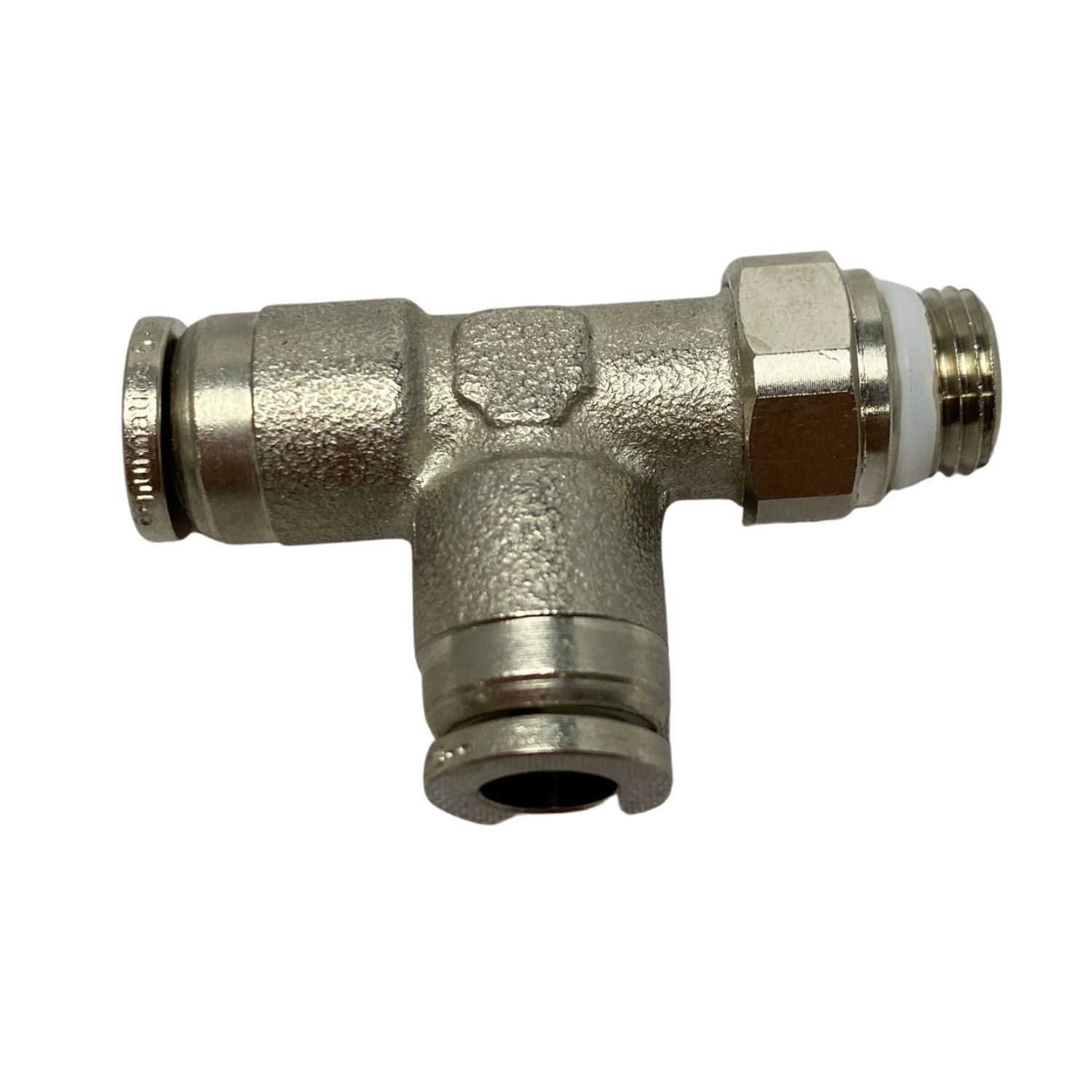 swivel t fitting with thread on top right and open ports on bottom and left