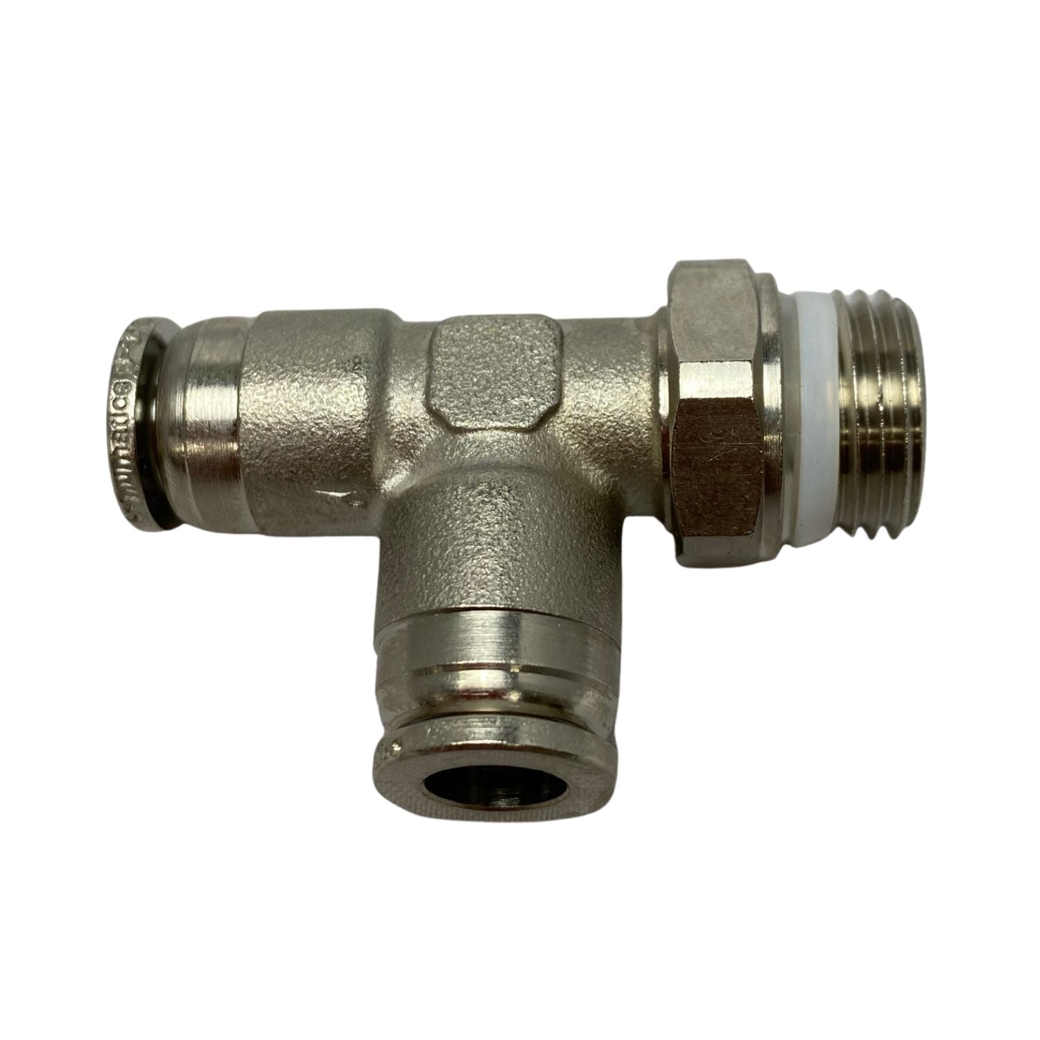top view of a swivel run tee fitting with threading on the right