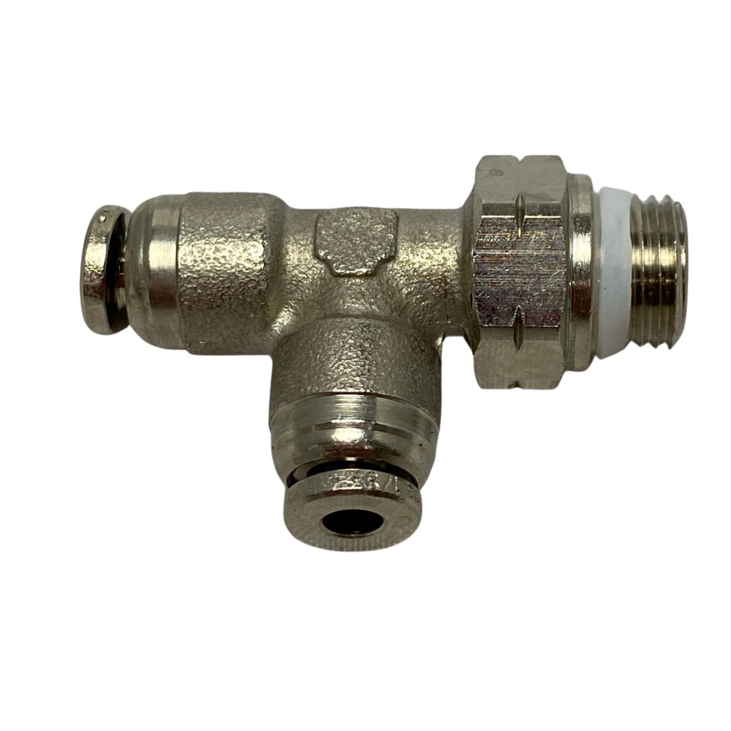top view of a tee shaped swivel fitting with threading on the right