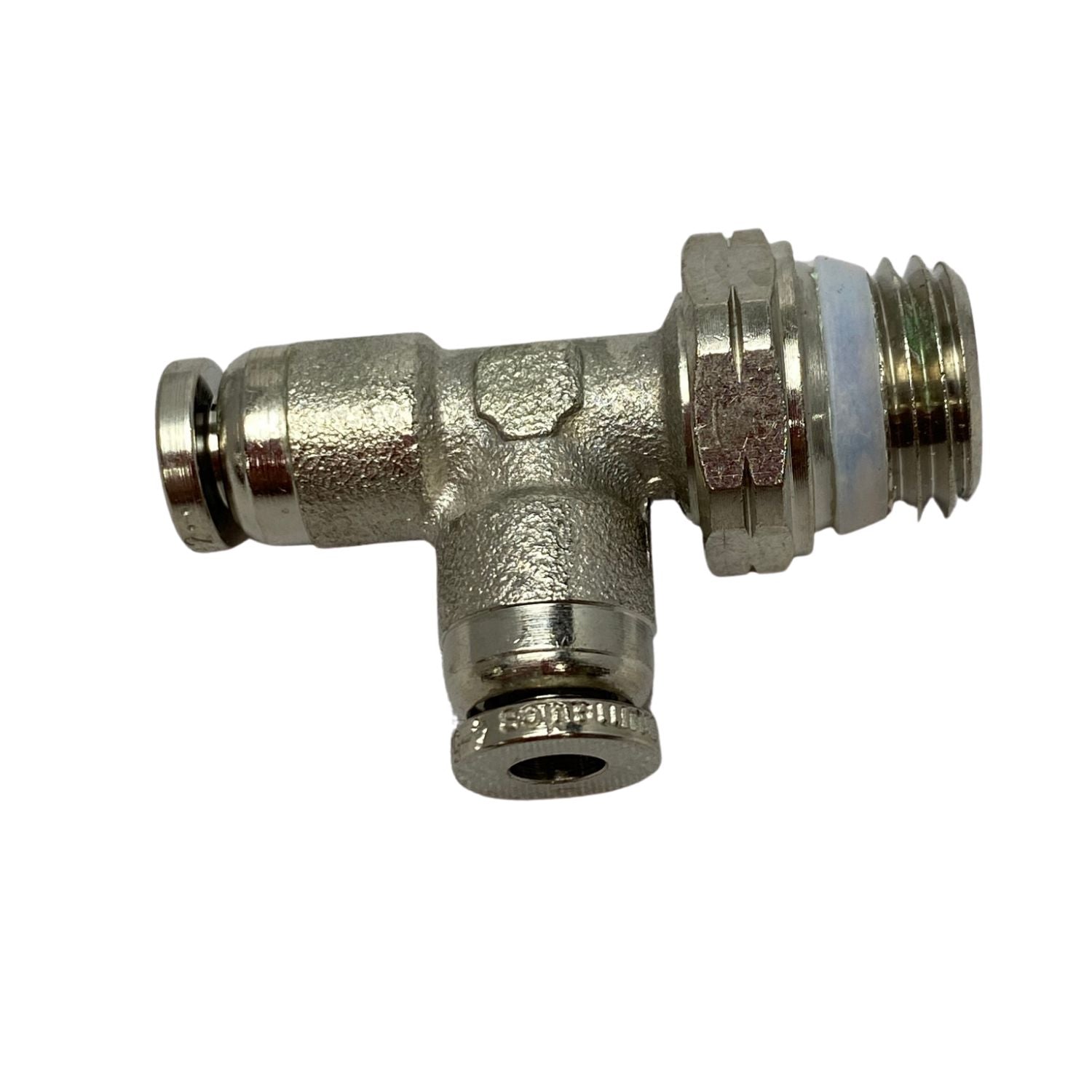 top view of a tee shaped swivel fitting with threading on the right