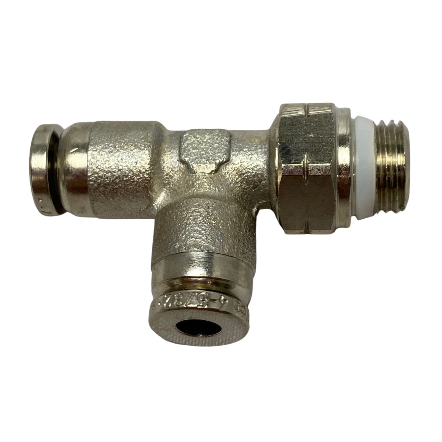 top view of a tee shaped swivel fitting with threading on the right