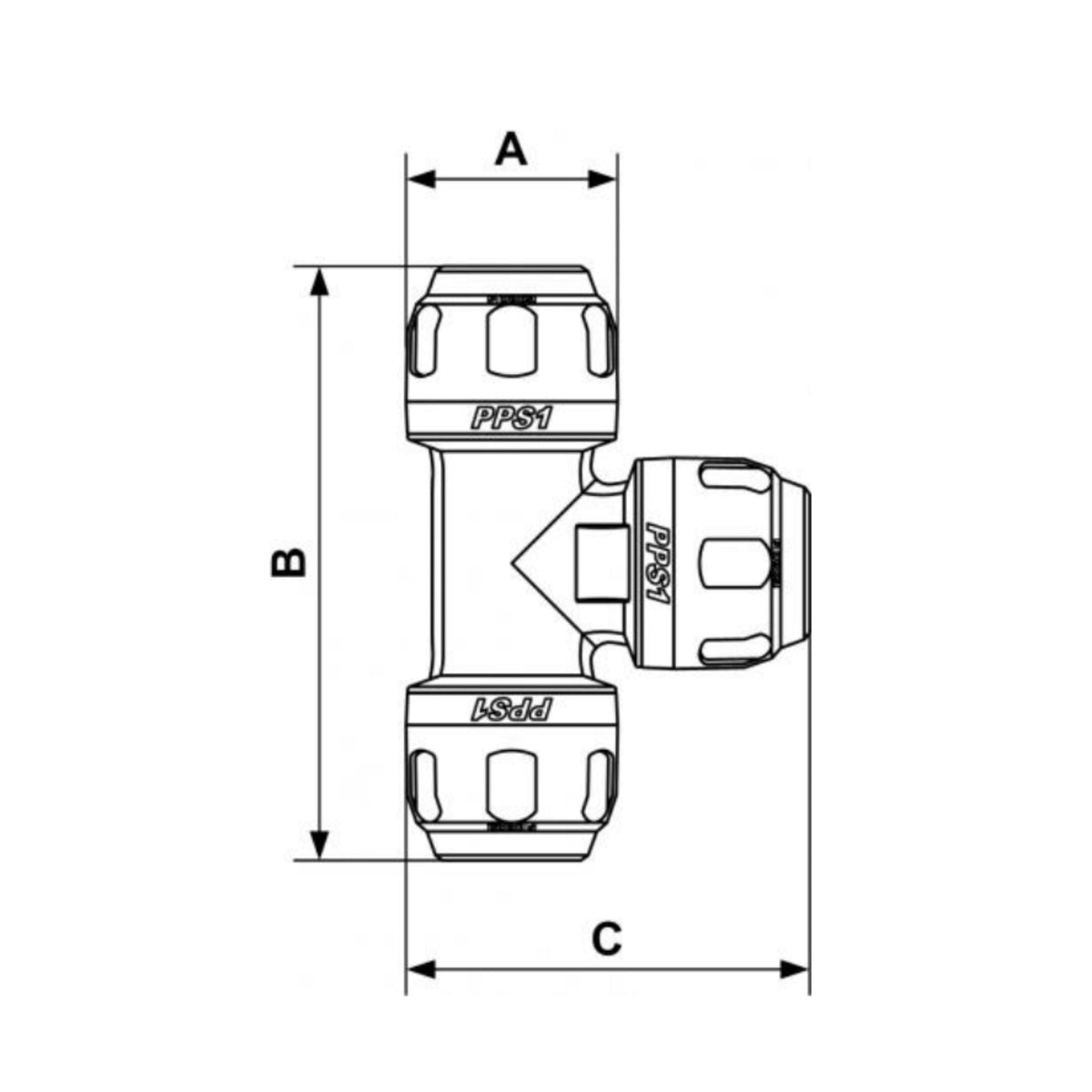 chart showing (A+B Dimensions) of PPS1 TE - 1&quot; Aluminum equal female tee fitting for pipe used on PrevoS1 product line