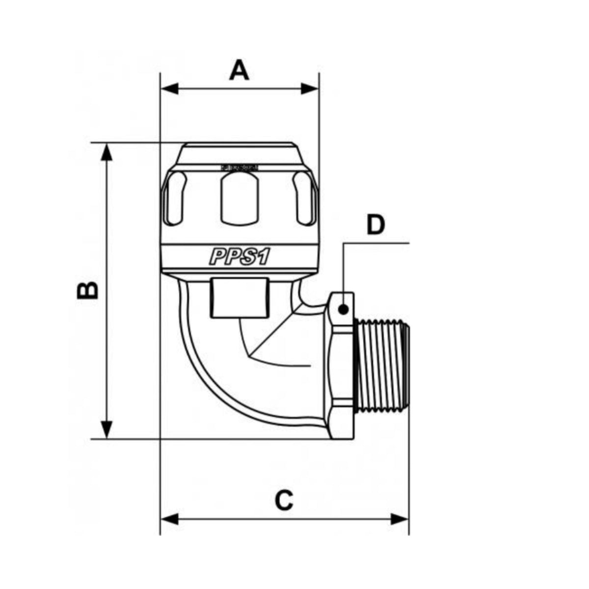 chart showing (A+B Dimensions) of PPS1 9CM - 90° - 1" Aluminum male thread elbow fitting for pipe used on PrevoS1 product line