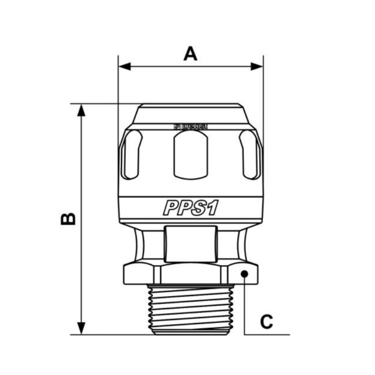 chart showing (A+B Dimensions) of MM - 1" - 1/2" MNPT Aluminum tapered male thread straight fitting for pipe used on PrevoS1 product line