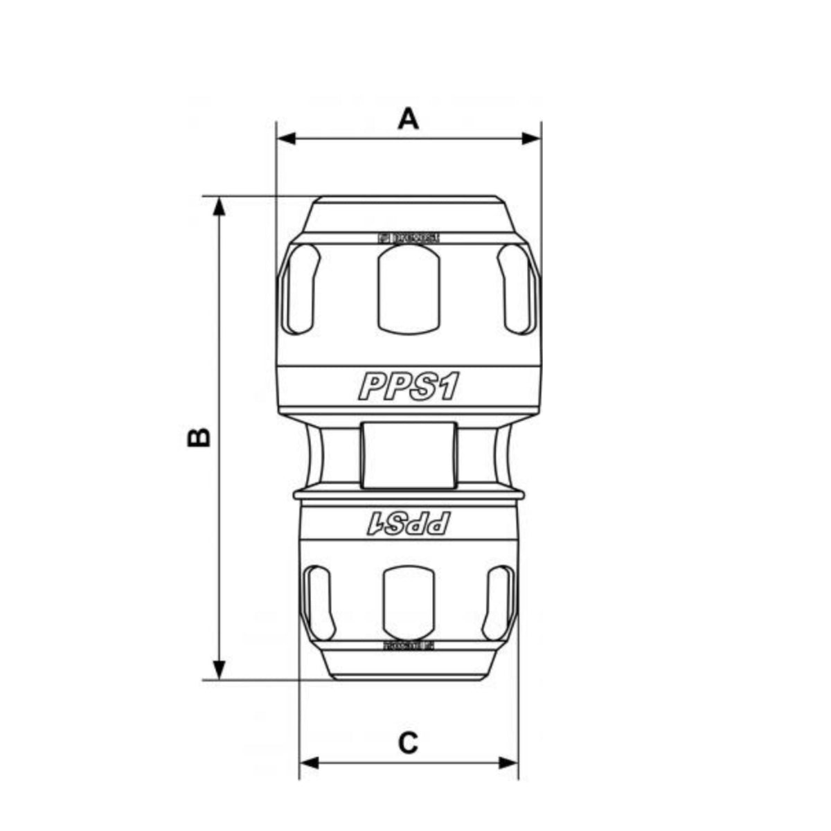 chart showing (A+B Dimensions) of PPS1 MR - 3/4" Aluminum pipe reducing fitting used on PrevoS1 product line