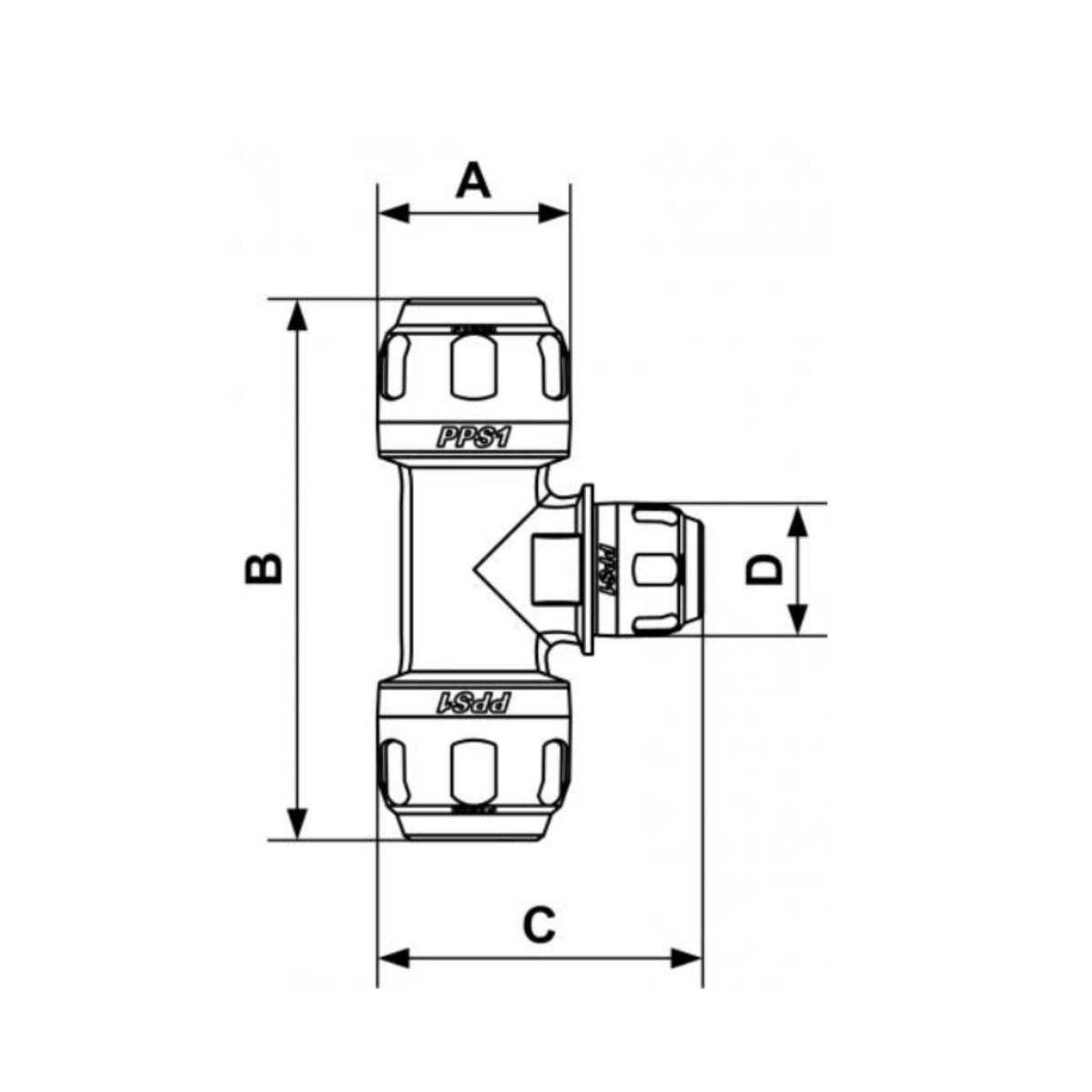 chart showing (A+B Dimensions) of PPS1 TR - 1&quot; Aluminum reducing branch tee for pipe used on PrevoS1 product line