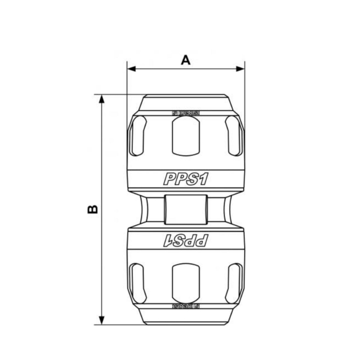chart showing (A+B Dimensions) of PPS1 UN - 1/2" Aluminum union for pipe used on PrevoS1 product line