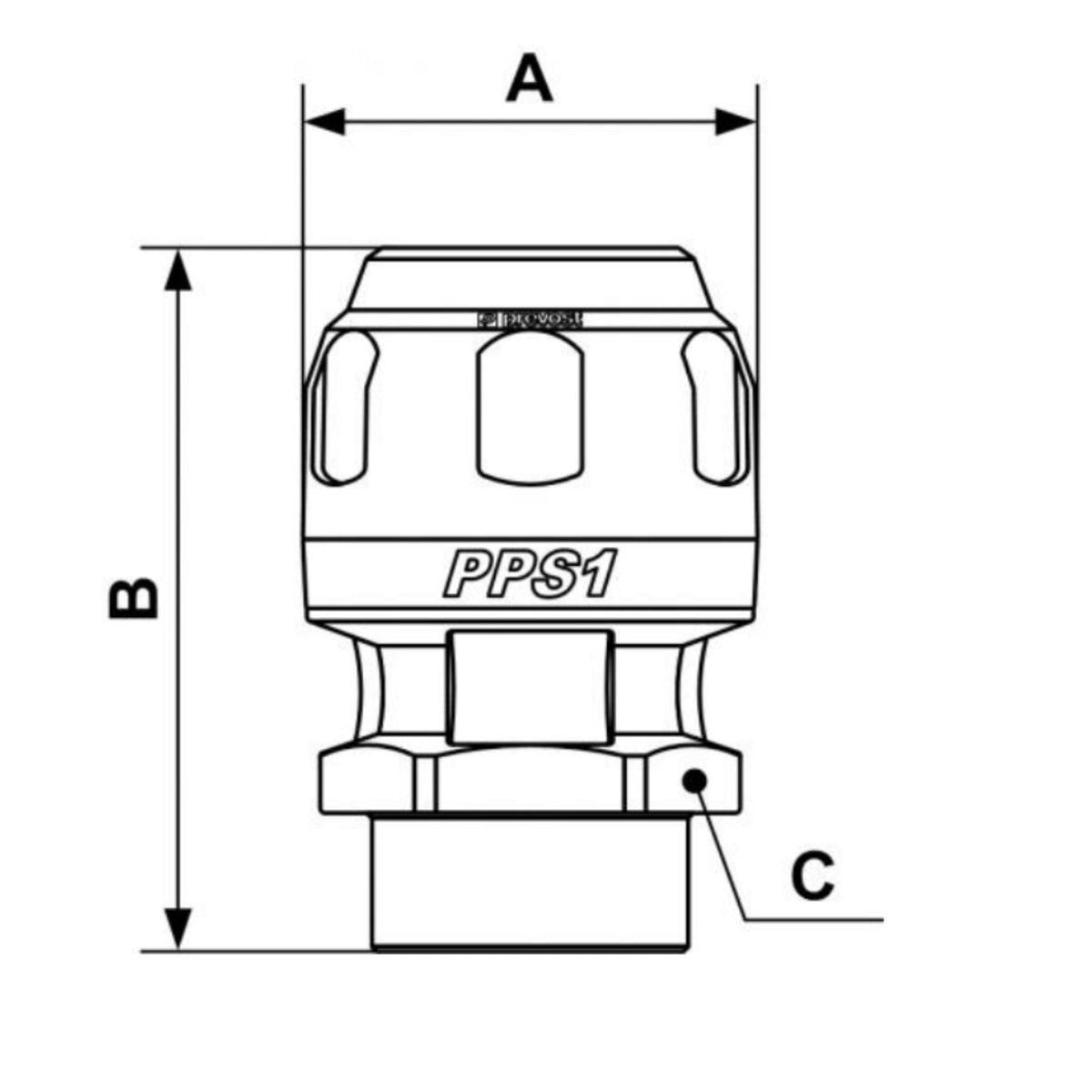 chart showing (A+B Dimensions) of  PPS1 MF - 3/4"- 1/2" FNPT Aluminum female thread straight fitting for pipe used on PrevoS1 product line