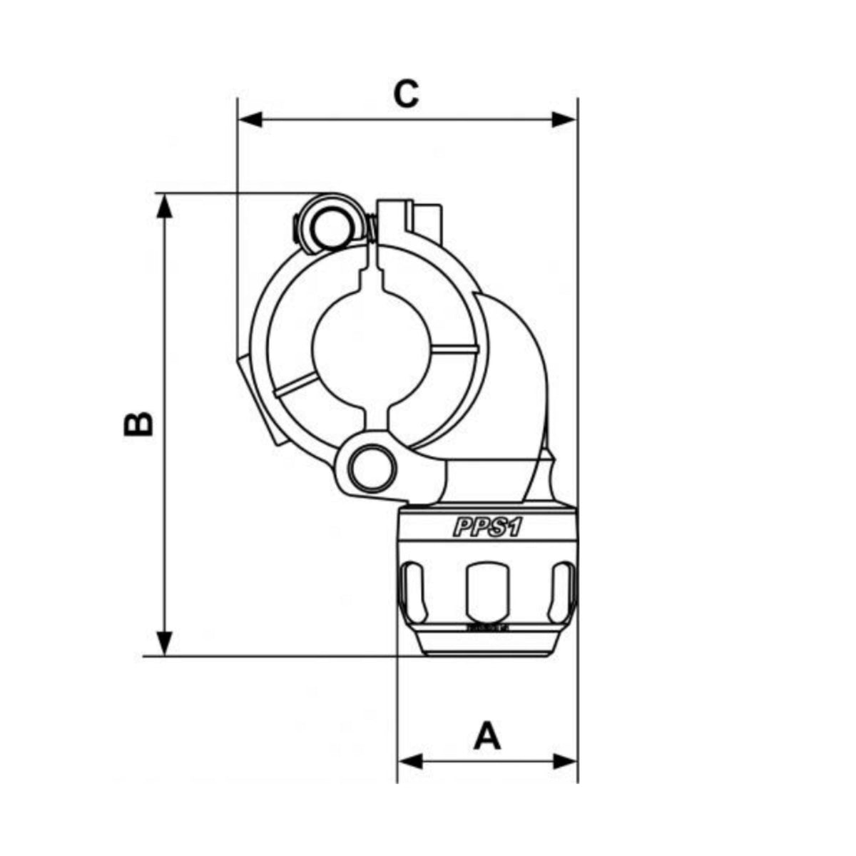 chart showing (A+B Dimensions) of PPS1 BP - 3/4&quot; Aluminum tapping flange for pipe used on PrevoS1 product line