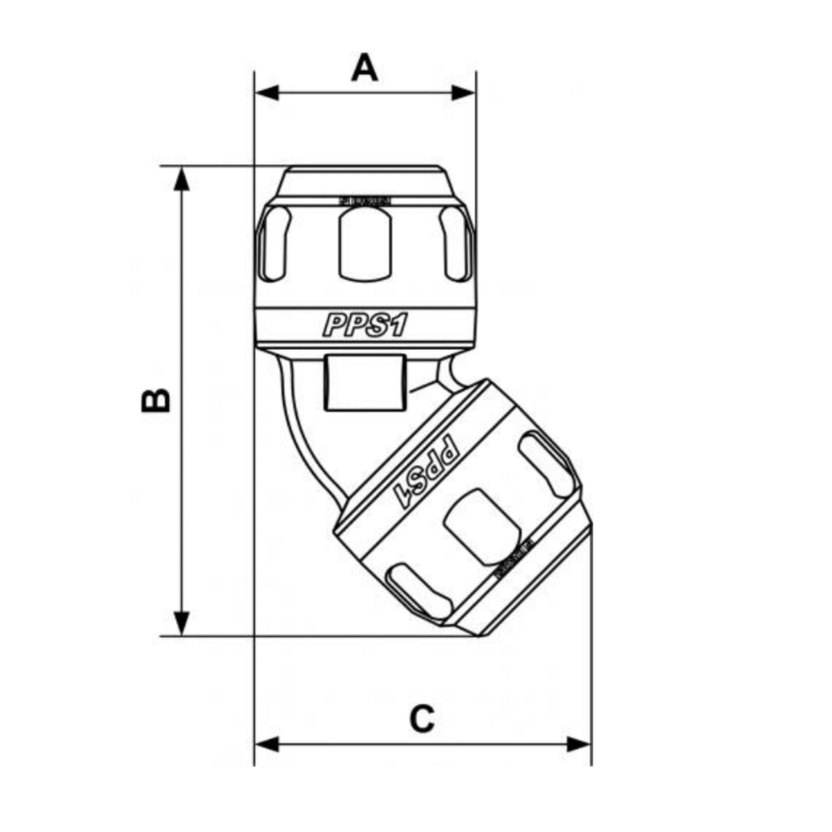 chart showing (A+B Dimensions) of PPS1 4C - 45° - 1&quot; Aluminum equal female elbow fitting used on PrevoS1 product line