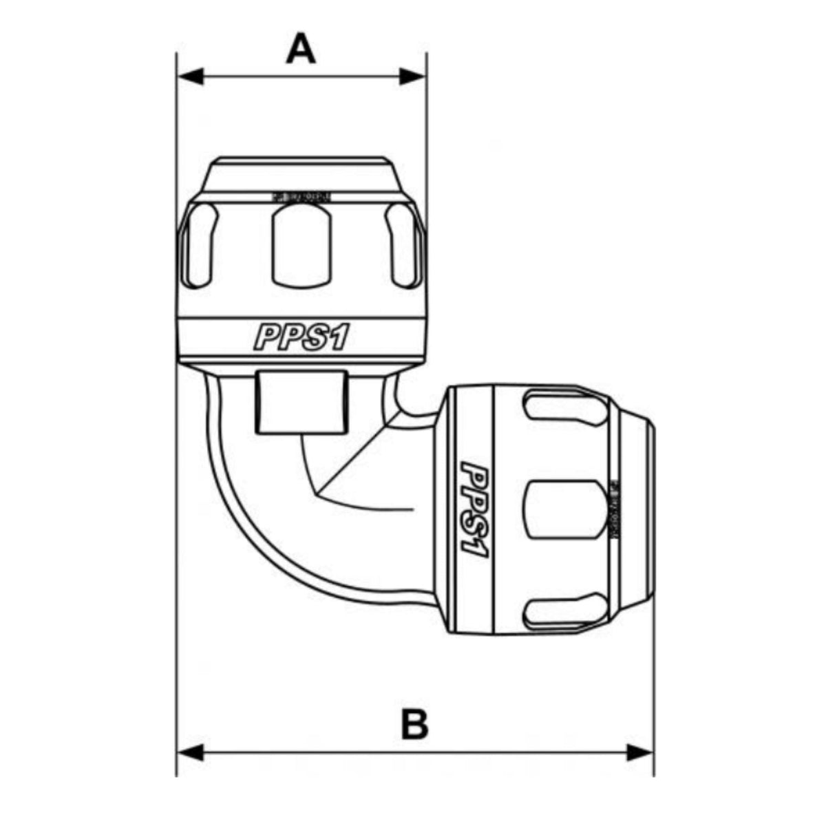 chart showing (A+B Dimensions) of  PPS1 9C - 90° - 1" Aluminum union elbow fitting for pipeused on PrevoS1 product line