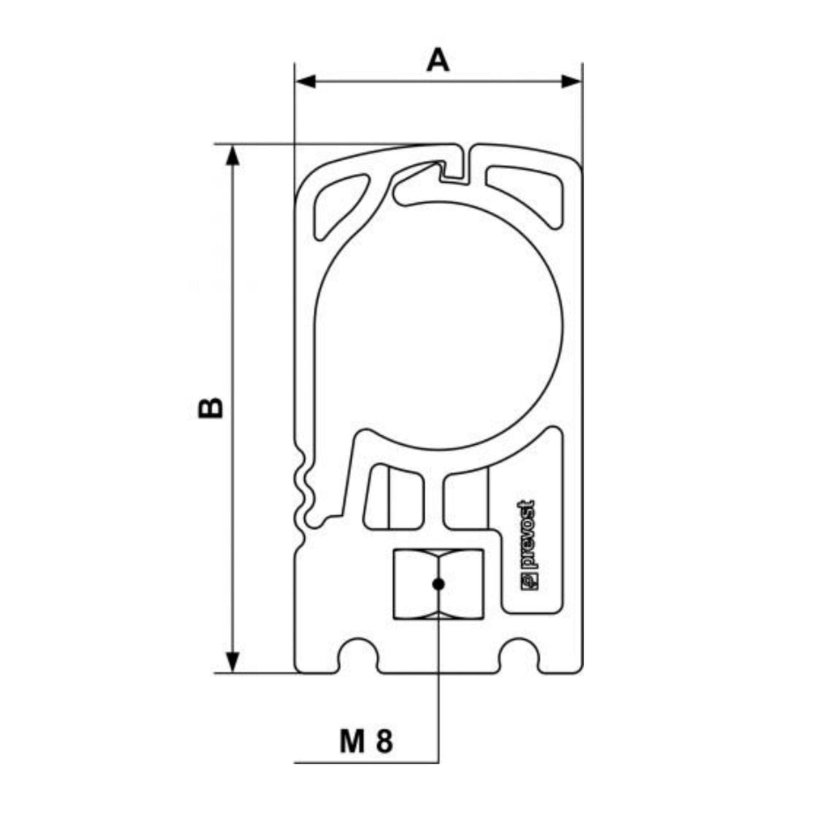 chart showing (A+B Dimensions) of PPS1 CI UNC - 2" Pipe clamp (packed 5 per box) used on PrevoS1 product line