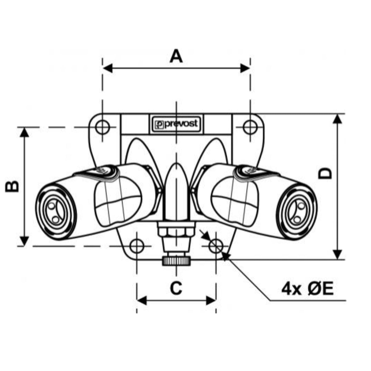 chart showing (A+B Dimensions) of Female thread double wall manifold - 2 couplers and drain - 1/4" Industrial Interchange used on PrevoS1 product line