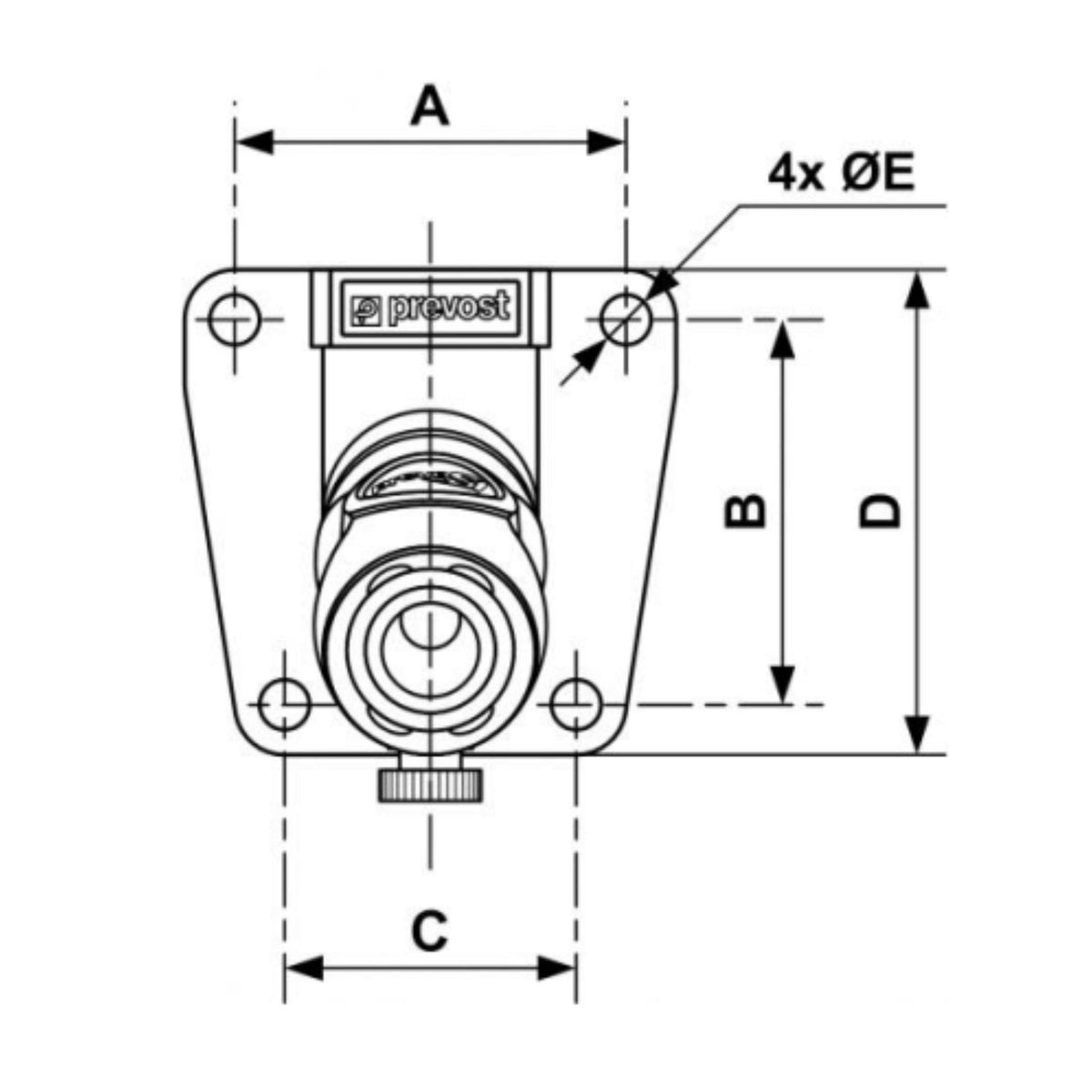 chart showing (A+B Dimensions) of Female thread single wall manifold - 1 coupler and drain - 1/4&quot; Industrial Interchange used on PrevoS1 product line