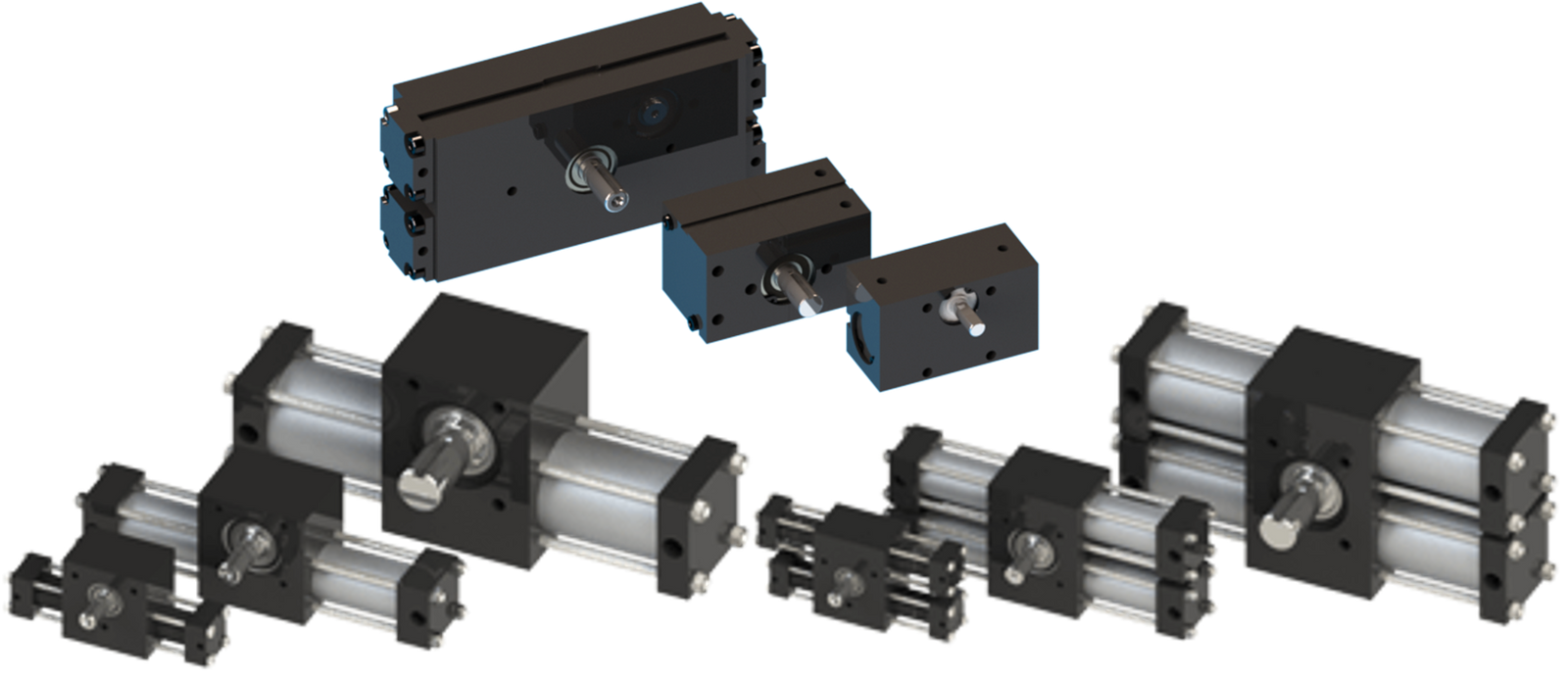 image with 9 different rotary actuators with an assortment of features and specifications
