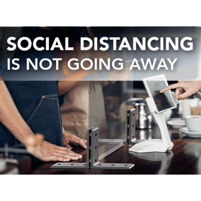 banner saying Social distancing is not going away with an image of divider between a barista and a customer