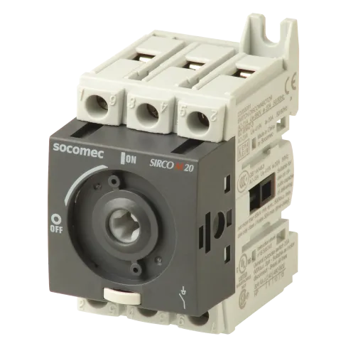 Socomec | SIRCO M Rotary Disconnect Switch 20A, 3P, 600 VAC, 65kA SCCR, DIN rail or panel, UL 508 | 22003001