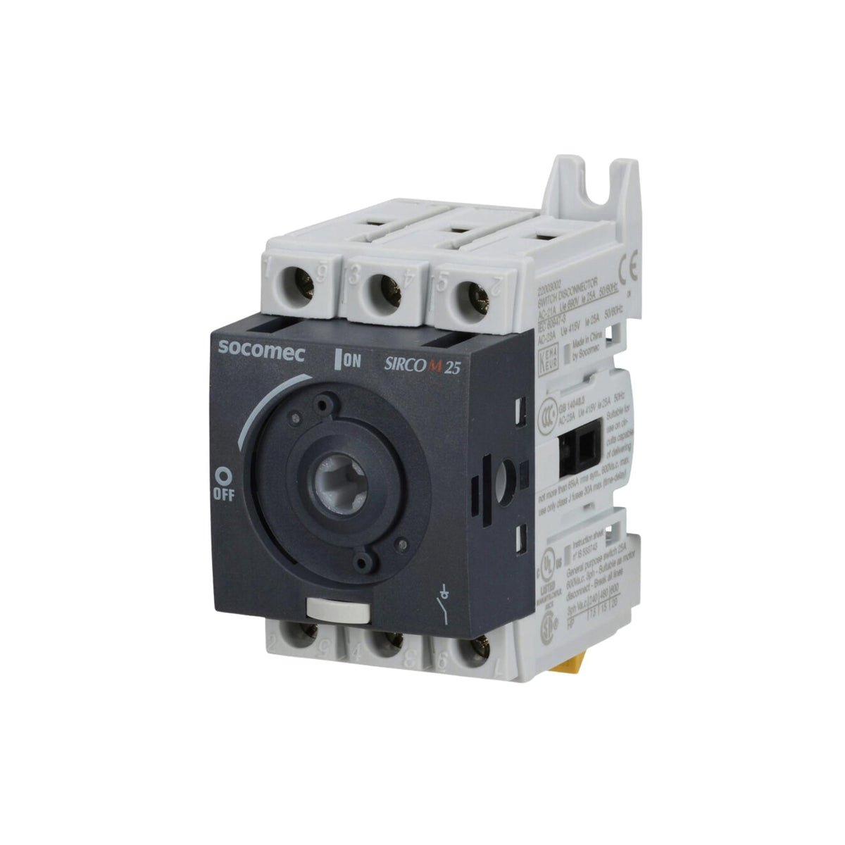 Socomec | SIRCO M Rotary Disconnect Switch 25A, 3P, 600 VAC, 65kA SCCR, DIN rail or panel, UL 508 | 22003002