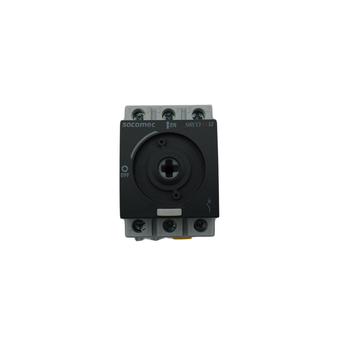 Socomec | SIRCO M series rotary disconnect switch, load break capable, 3-pole, 600 VAC, 32A, 65kA SCCR, DIN rail or panel mount, UL 508 rated, front or side operated, accepts 5 x 5mm size shaft | 22003003