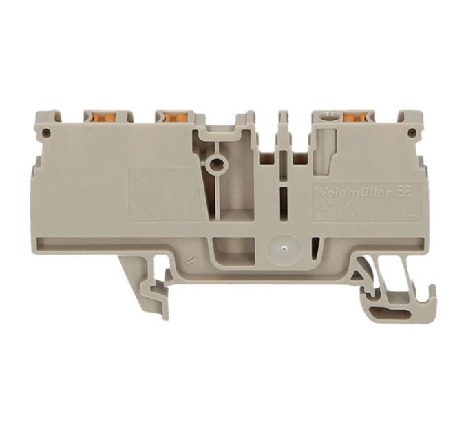 side view of a beige rectangular terminal with mounting tabs on the bottom and connection points on the top