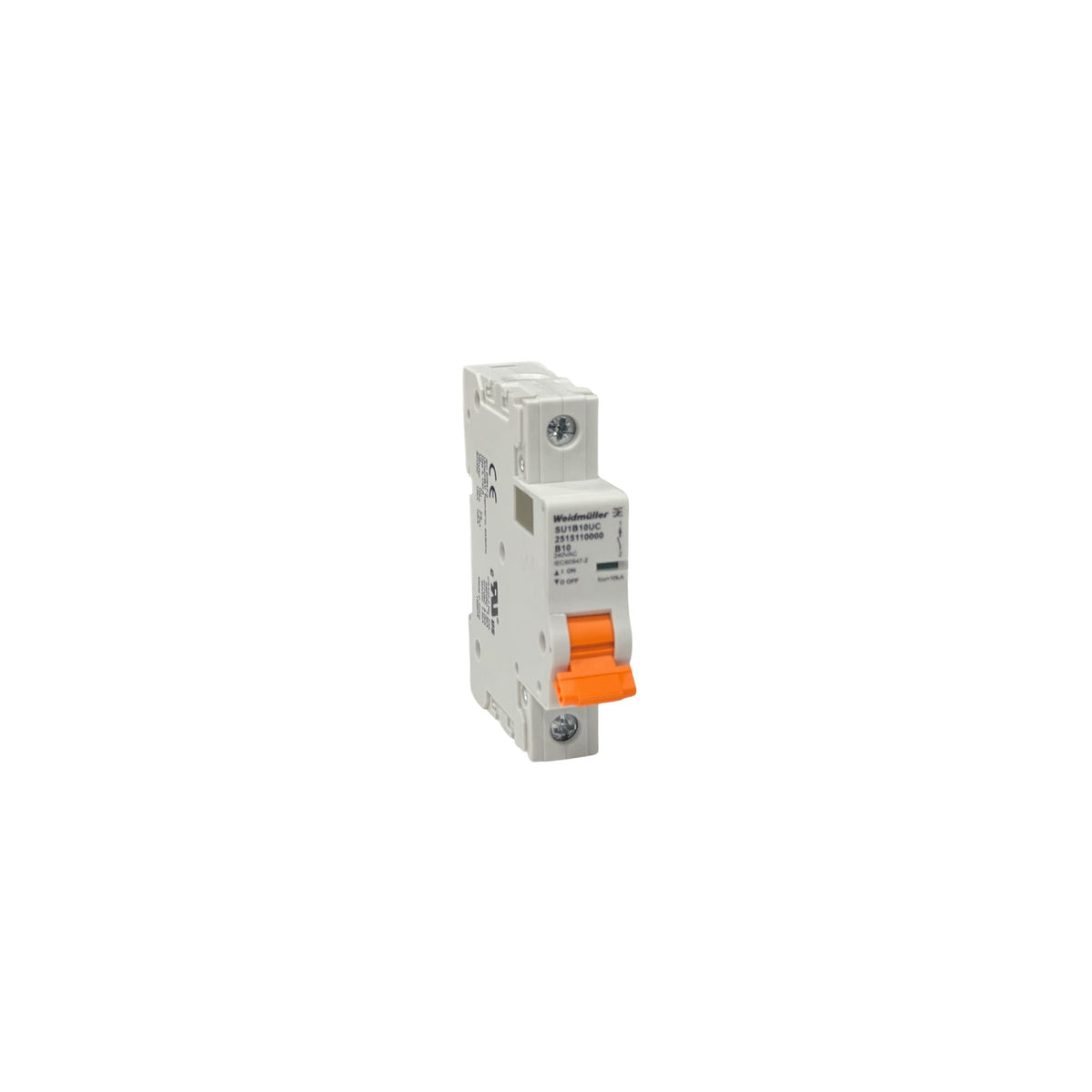 circuit breaker with orange switch and two screws, one on each end for mounting