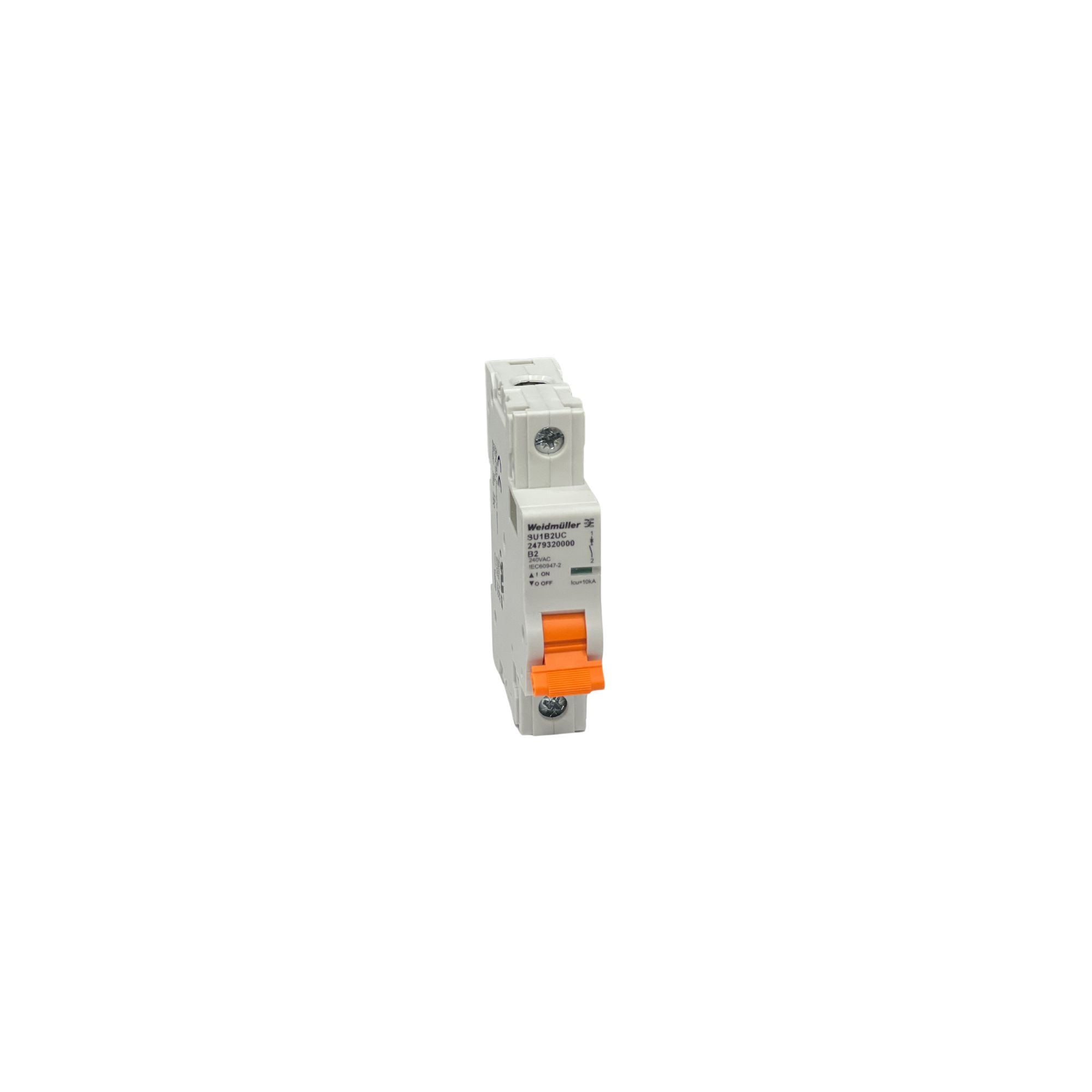 circuit breaker with orange switch and two screws on each side for mounting