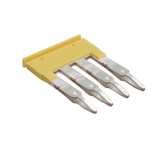 top view of a yellow cross-connector with four metal connectors at the bottom