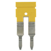 side upright view of a yellow cross-connector with two metal connectors pointing downward