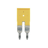 side view of an upright yellow cross-connector with two metal connectors pointing downward